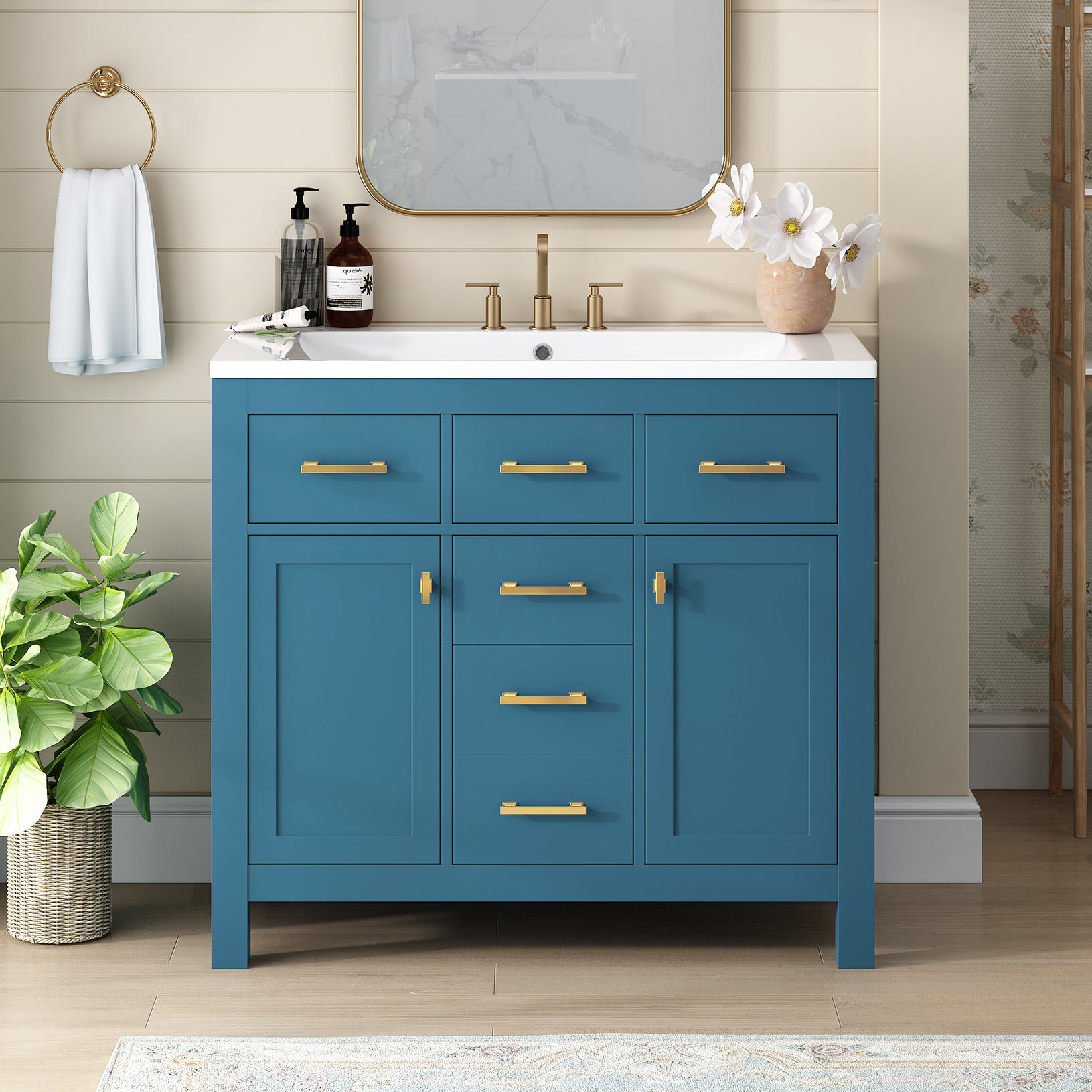 36'' Bathroon Vanity with Resin Sink Combo Set,Modern Freestanding Single Bathroom Cabinet with 4 Drawers & 2 Cabinets,Storage Cabinet for Bathroom, Solid Wood Frame Vanity Set, Blue