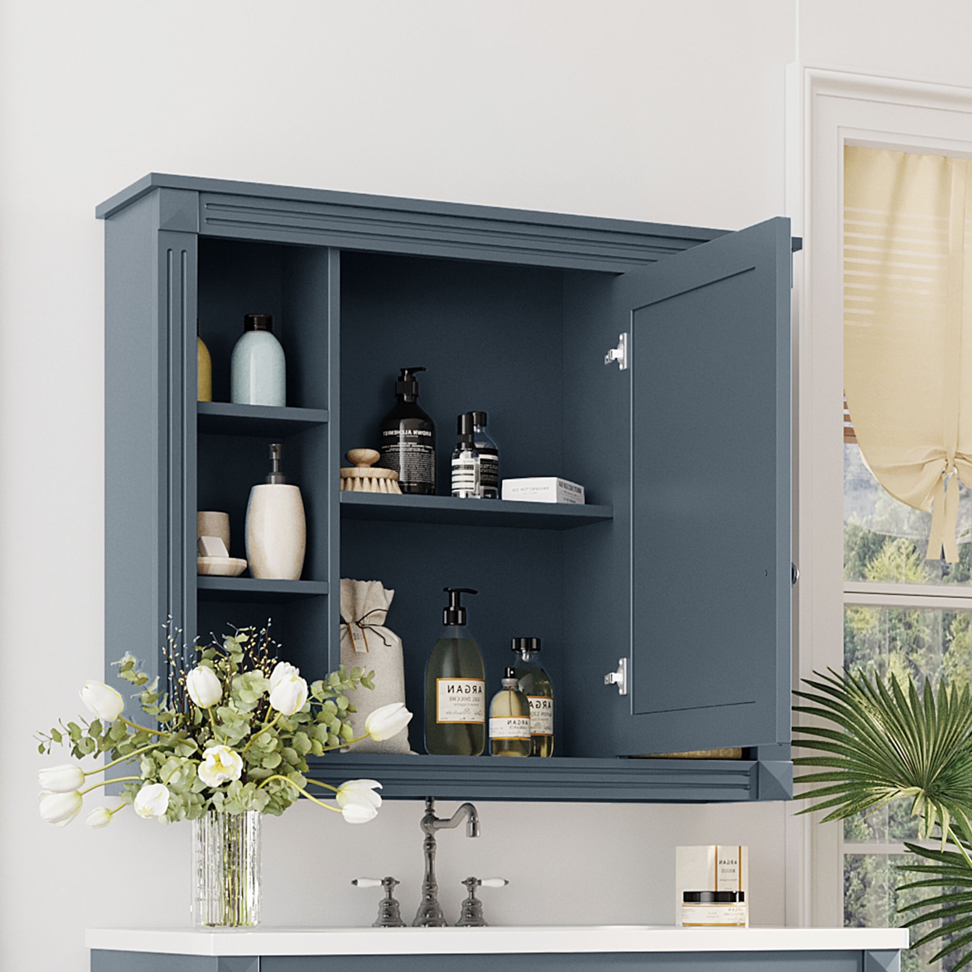 35'' x 28'' Royal Blue Wall Mounted Bathroom Storage Cabinet, Modern Bathroom Wall Cabinet with Mirror, Mirror Cabinet with 6 Open Shelves (Not Include Bathroom Vanity )