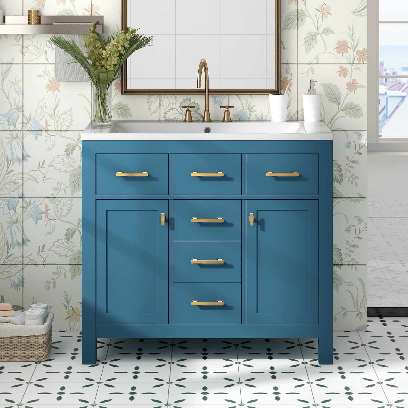 36'' Bathroon Vanity with Resin Sink Combo Set,Modern Freestanding Single Bathroom Cabinet with 4 Drawers & 2 Cabinets,Storage Cabinet for Bathroom, Solid Wood Frame Vanity Set, Blue