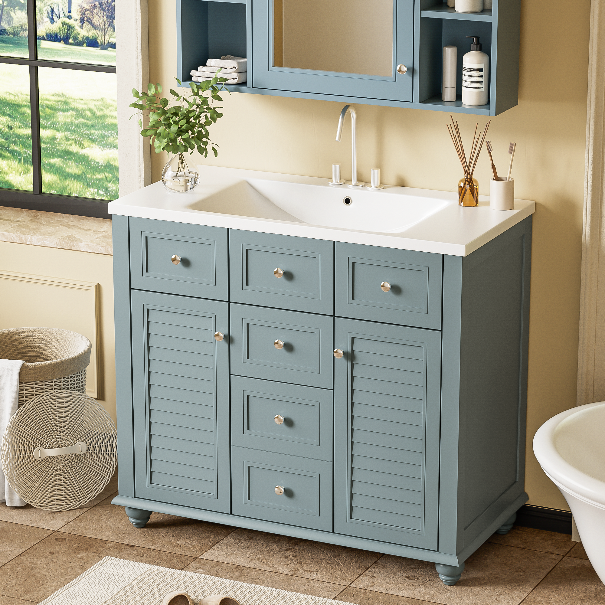 36" Bathroom Vanity Cabinet with Sink Combo Set, Undermount Resin Sink, Free Standing Vanity Set with 2 Drawers& Soft Closing Doors, Solid Wood Frame Bathroom Cabinet, Blue