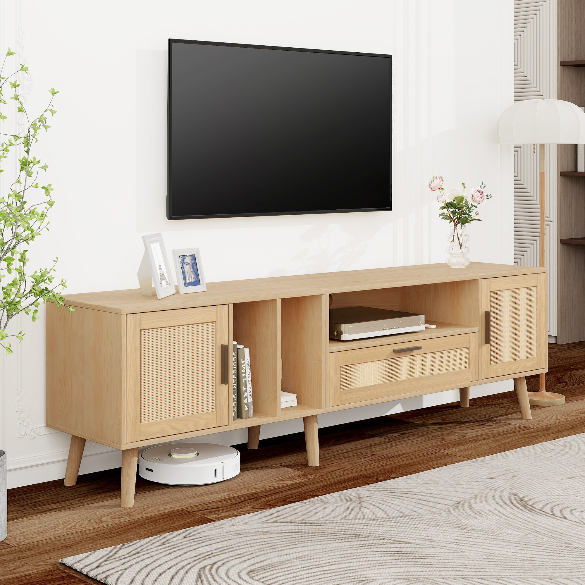 Rattan TV Stand with 2 Cabinets & 2 Open Shelves, Rattan-inspired Media Console Table for TVs up to 80'', Entertainment Center with Solid Wood Legs, TV cabinet for Living room, Bedroom, Home Theatre