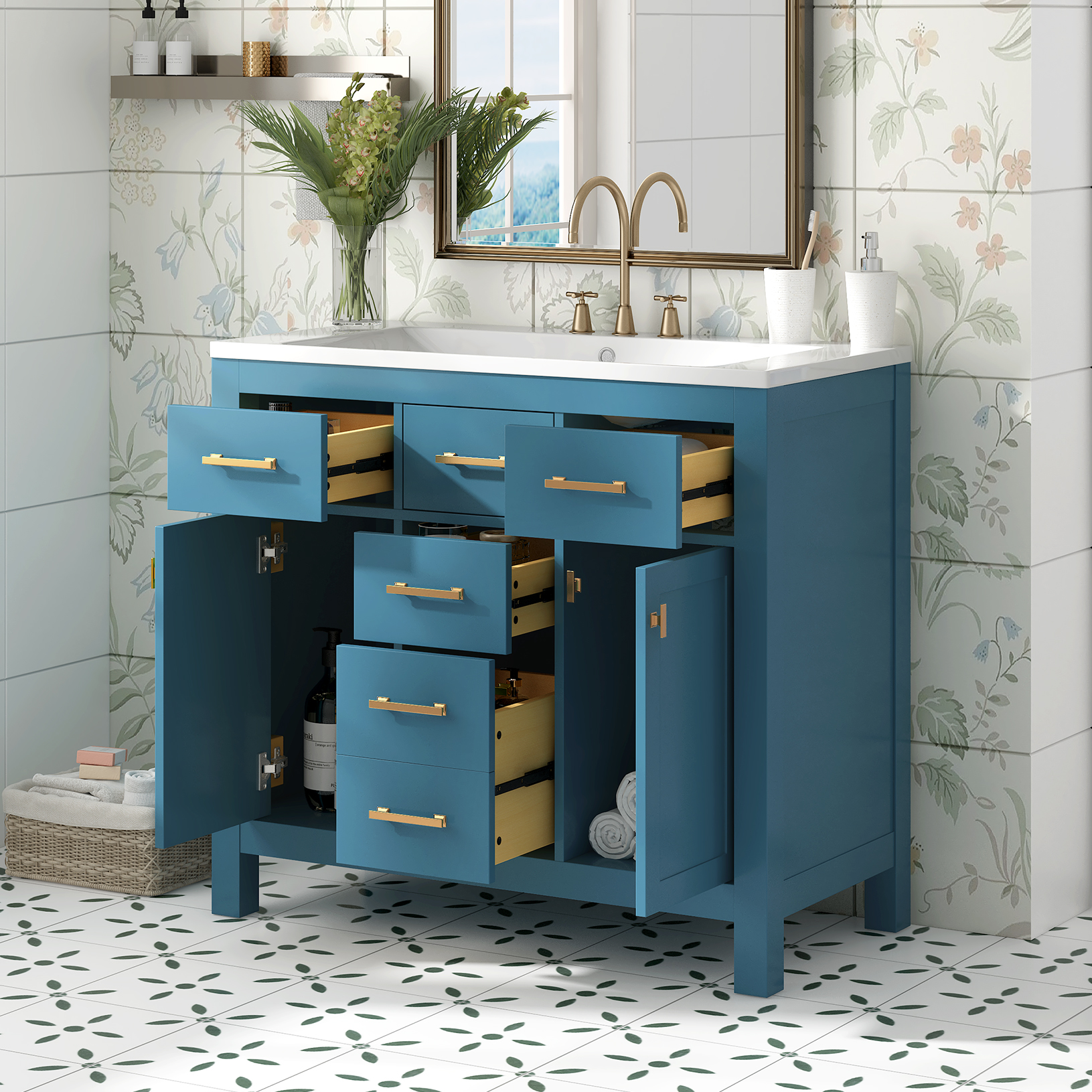 36'' Bathroon Vanity with Resin Sink Combo Set,Modern Freestanding Single Bathroom Cabinet with 4 Drawers & 2 Cabinets,Storage Cabinet for Bathroom, Solid Wood Frame Vanity Set, Blue