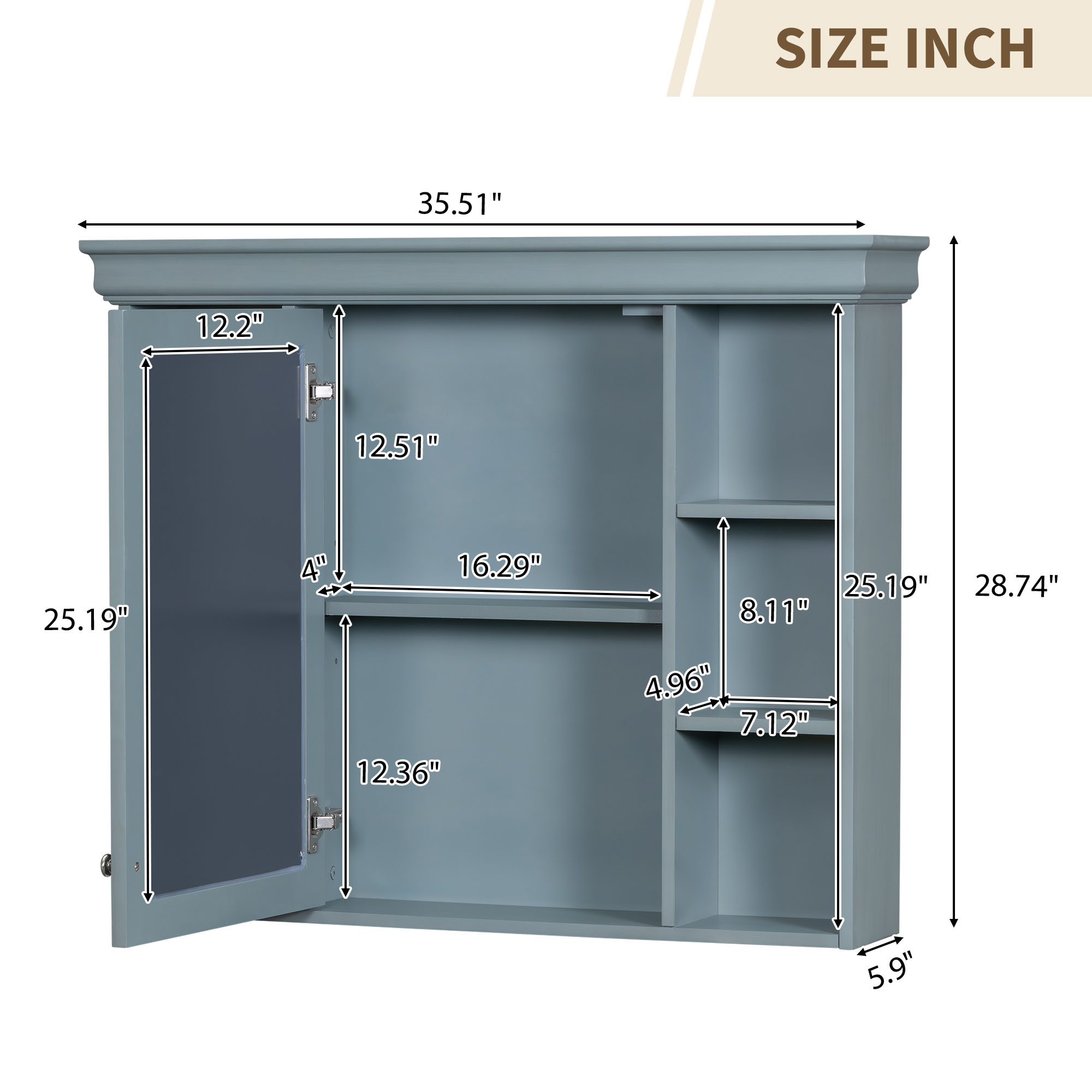 35'' x 28'' Blue Wall Mounted Bathroom Storage Cabinet with Mirror Door, Modern Bathroom Wall Cabinet with Mirror, Medicine Cabinet with 6 Open Shelves