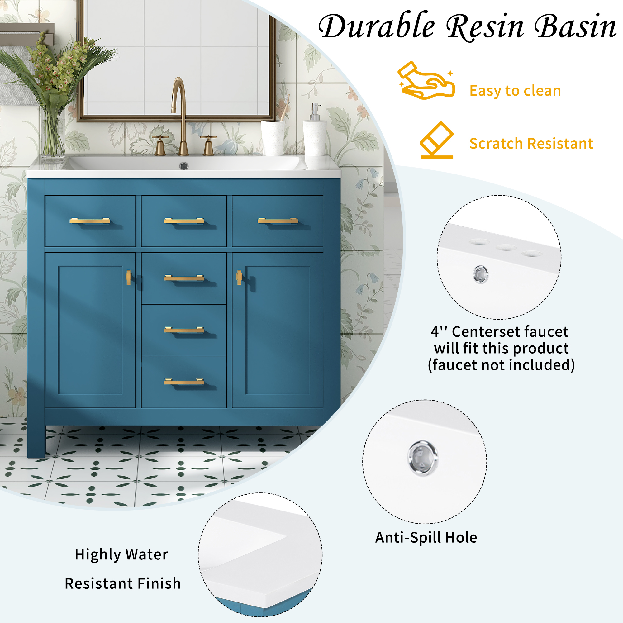 36'' Bathroon Vanity with Resin Sink Combo Set,Modern Freestanding Single Bathroom Cabinet with 4 Drawers & 2 Cabinets,Storage Cabinet for Bathroom, Solid Wood Frame Vanity Set, Blue