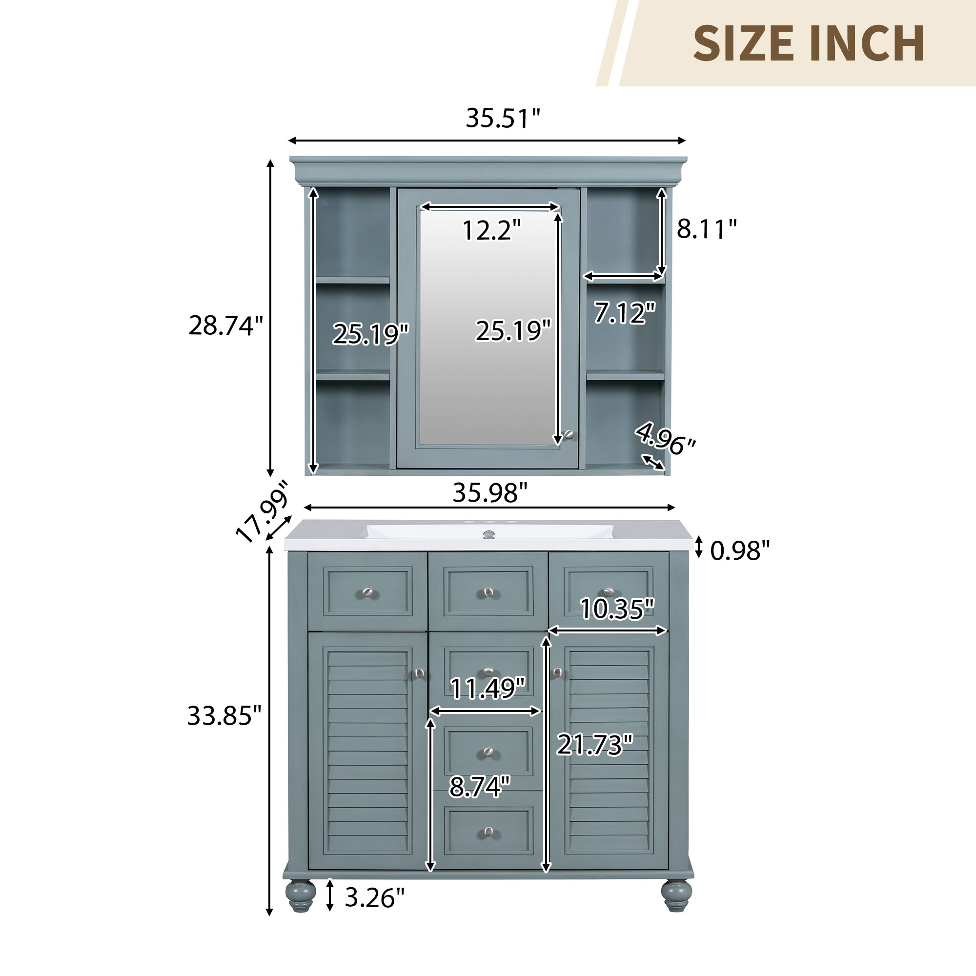 36'' Bathroom Vanity with Medicine Cabinet, Modern Mirror Cabinet with Adjustable Shelf, Bathroom Storage Cabinet with 2 Soft Closing Doors and 6 Drawers, Bathroom Vanity with Cabinet Door Organizers