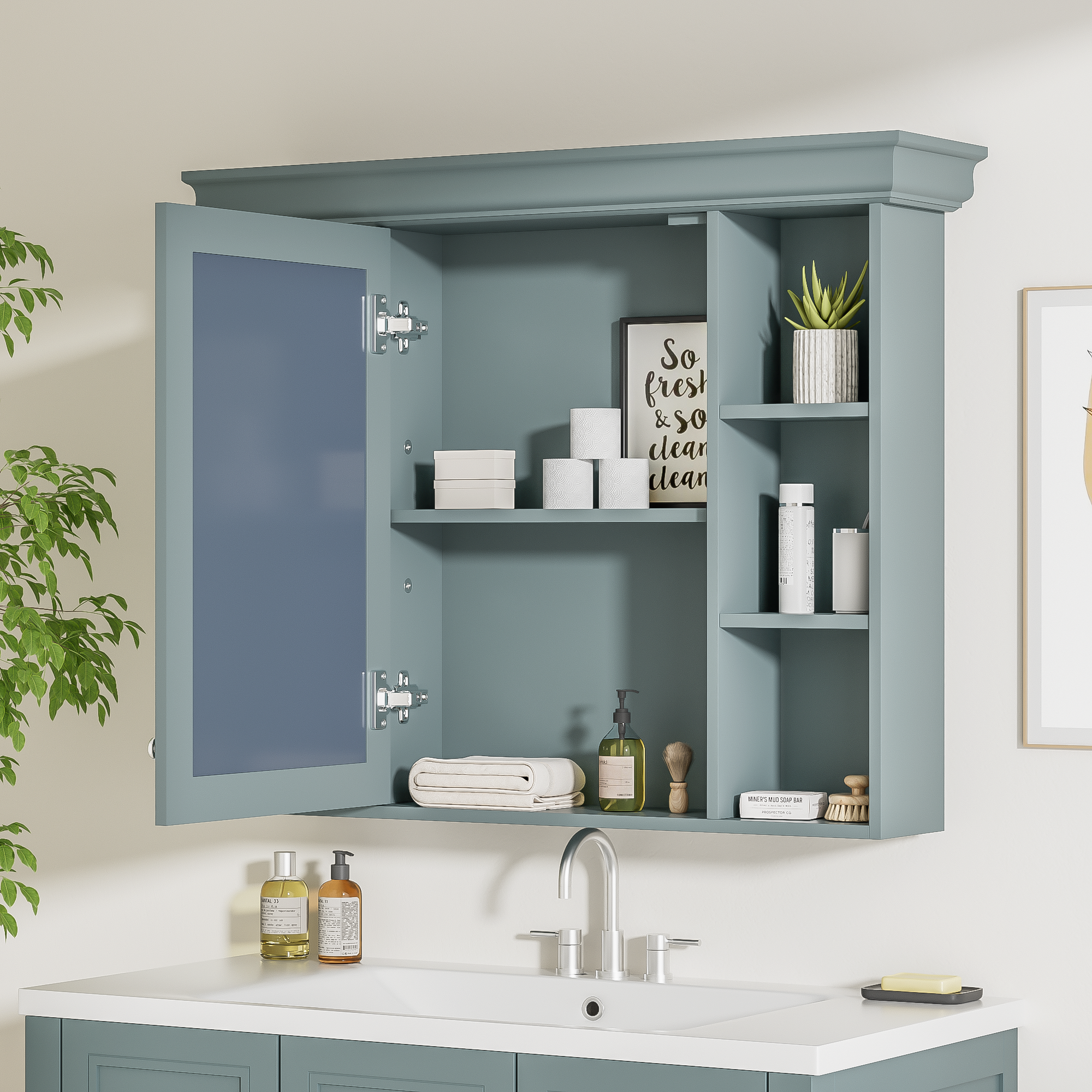 35'' x 28'' Blue Wall Mounted Bathroom Storage Cabinet with Mirror Door, Modern Bathroom Wall Cabinet with Mirror, Medicine Cabinet with 6 Open Shelves