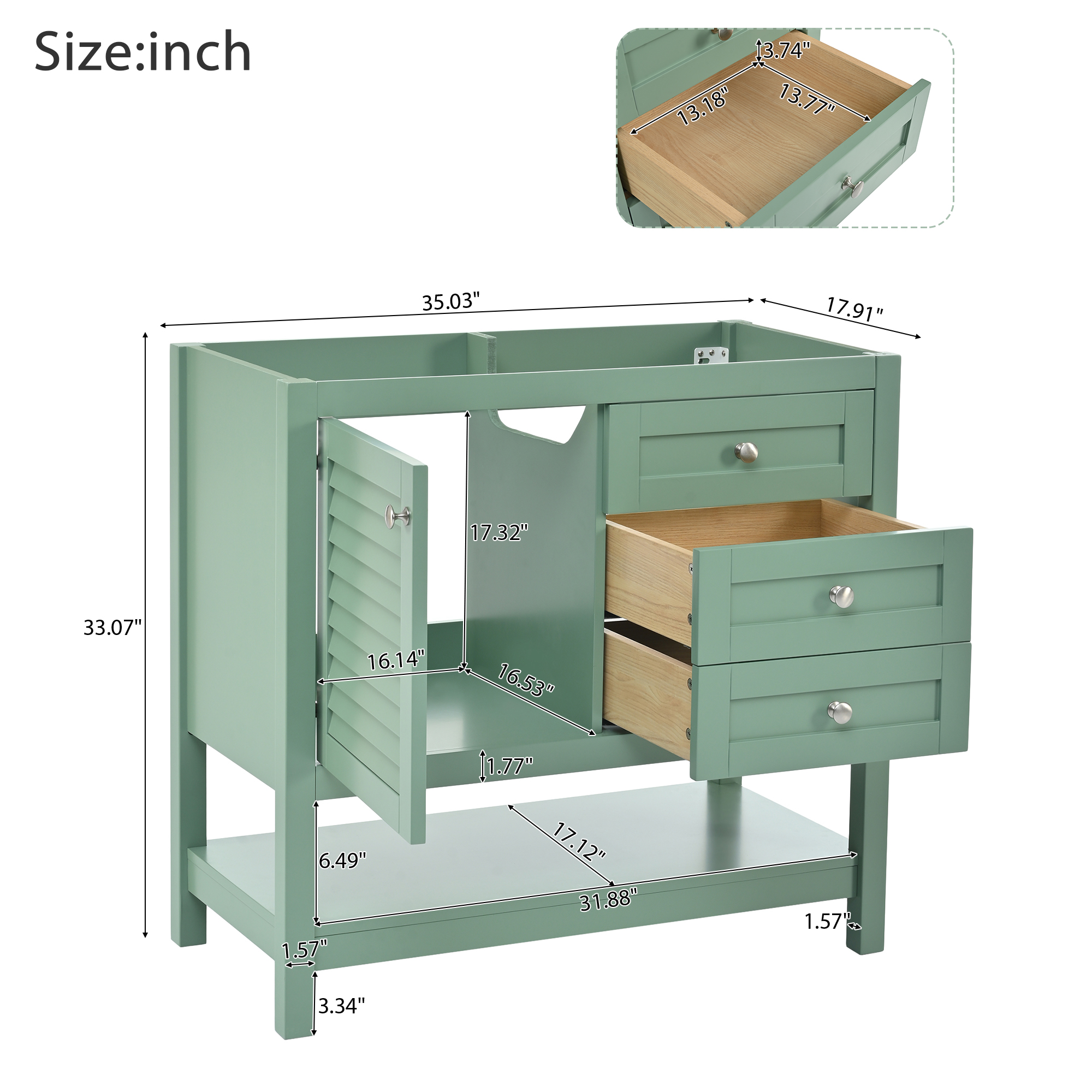 36'' Bathroom Vanity without Sink, Free Standing Vanity Set with 2 Drawers& Soft Closing Doors, Bathroom Storage Cabinet with Solid Wood Feet, Green (NOT INCLUDE BASIN SINK)