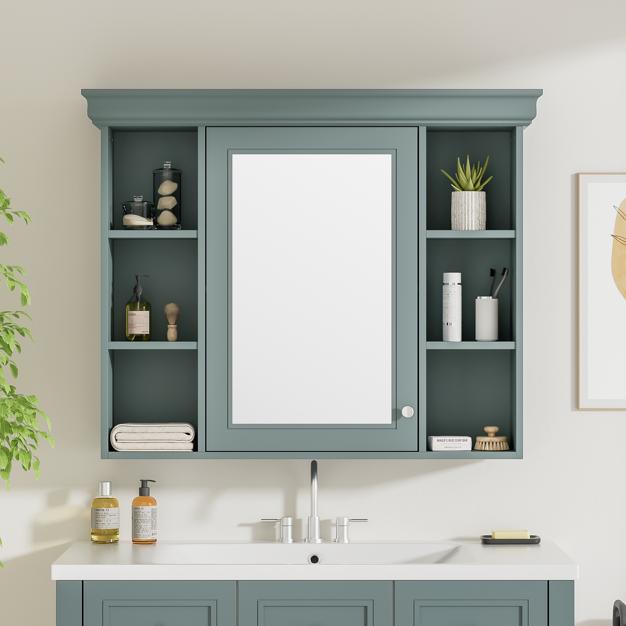 35'' x 28'' Blue Wall Mounted Bathroom Storage Cabinet with Mirror Door, Modern Bathroom Wall Cabinet with Mirror, Medicine Cabinet with 6 Open Shelves