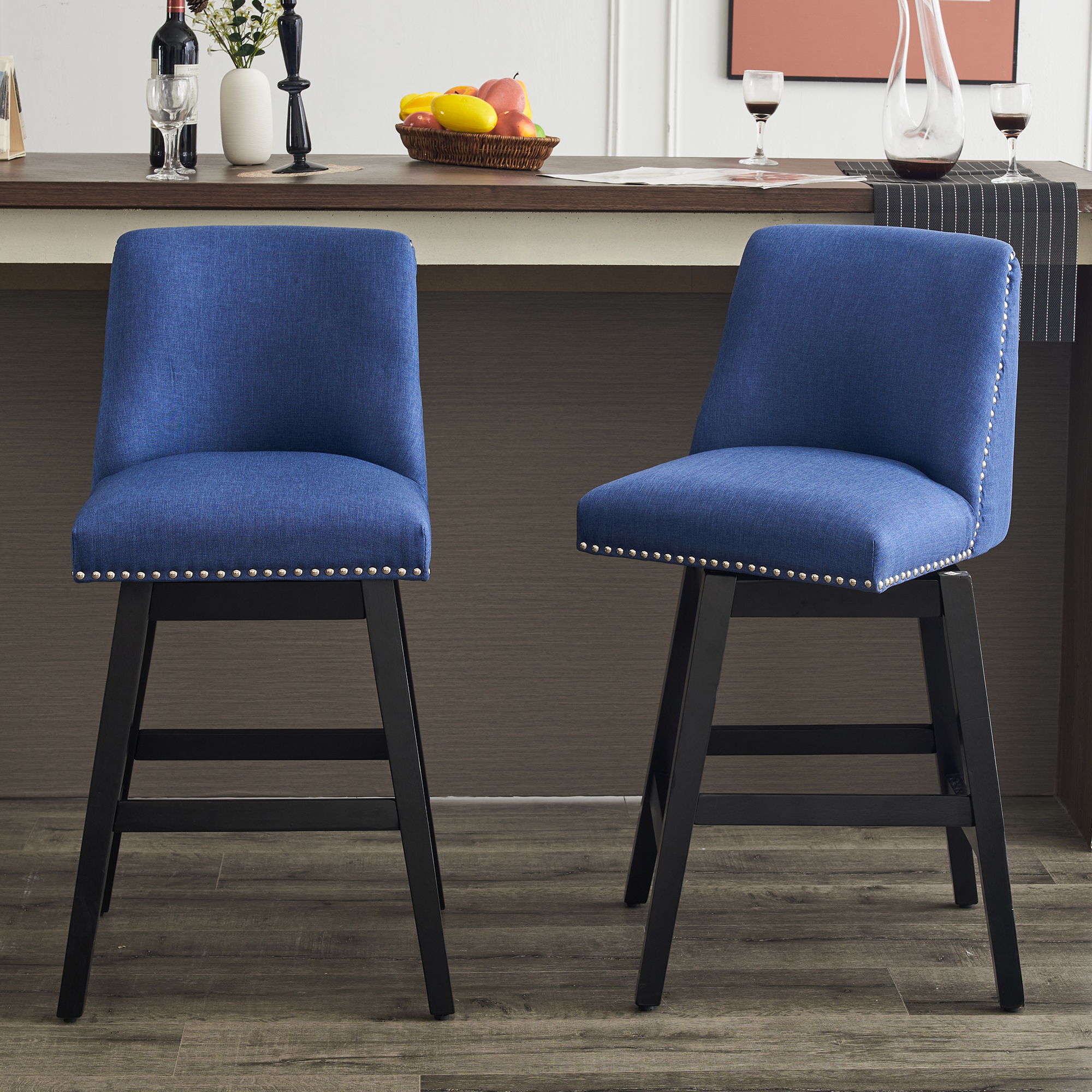 26" Upholstered Swivel Bar Stools Set of 2, Modern Linen Fabric High Back Counter Stools with Nail Head Design and Wood Frame