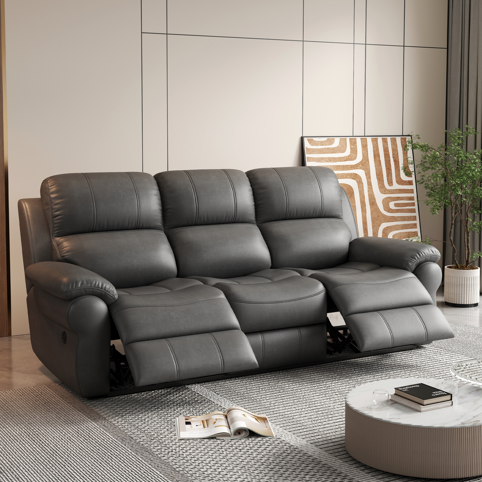 Breathable Fabric Power Reclining Sofa with Drop Down Table,USB Button and Wireless Charger - Gray