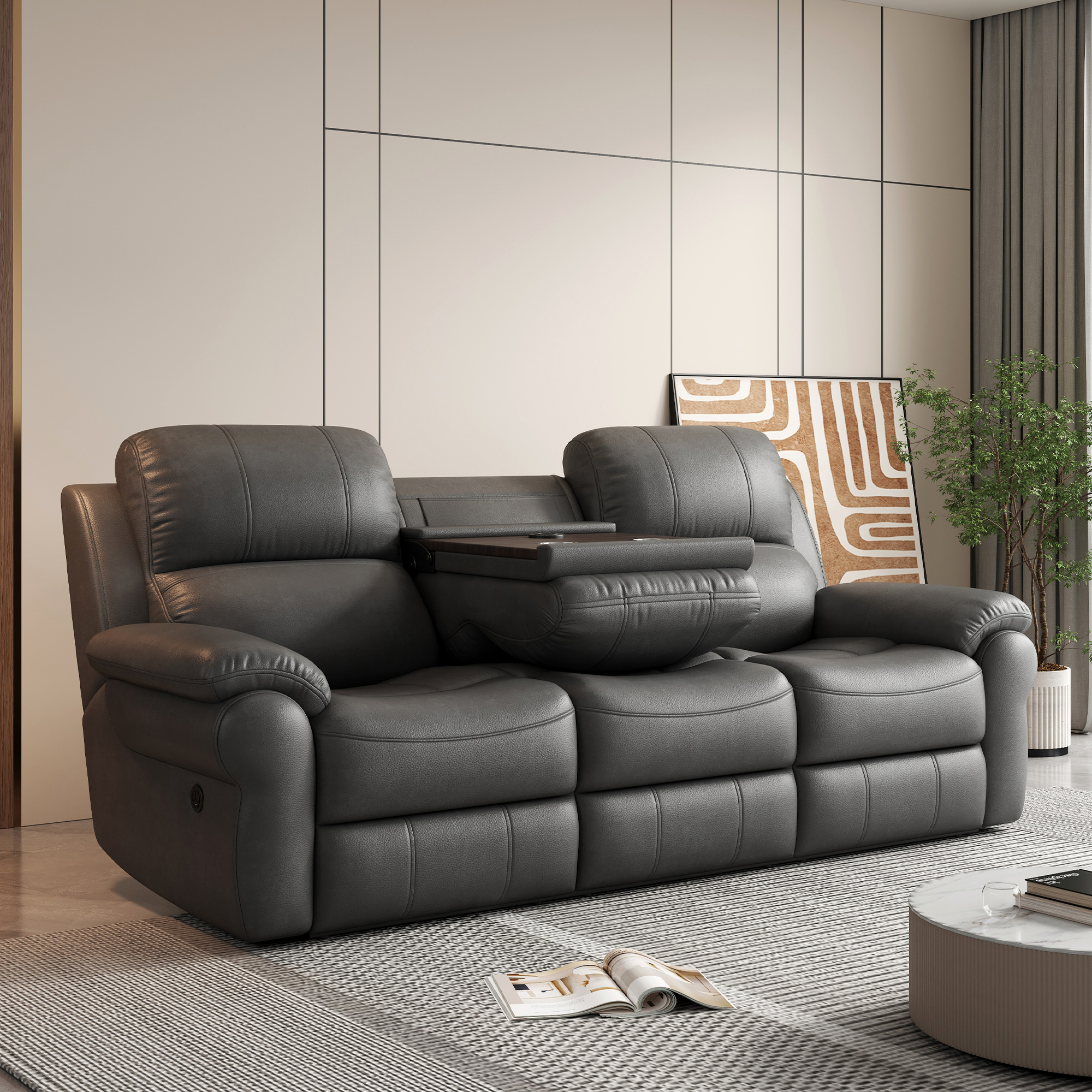 Breathable Fabric Power Reclining Sofa with Drop Down Table,USB Button and Wireless Charger - Gray