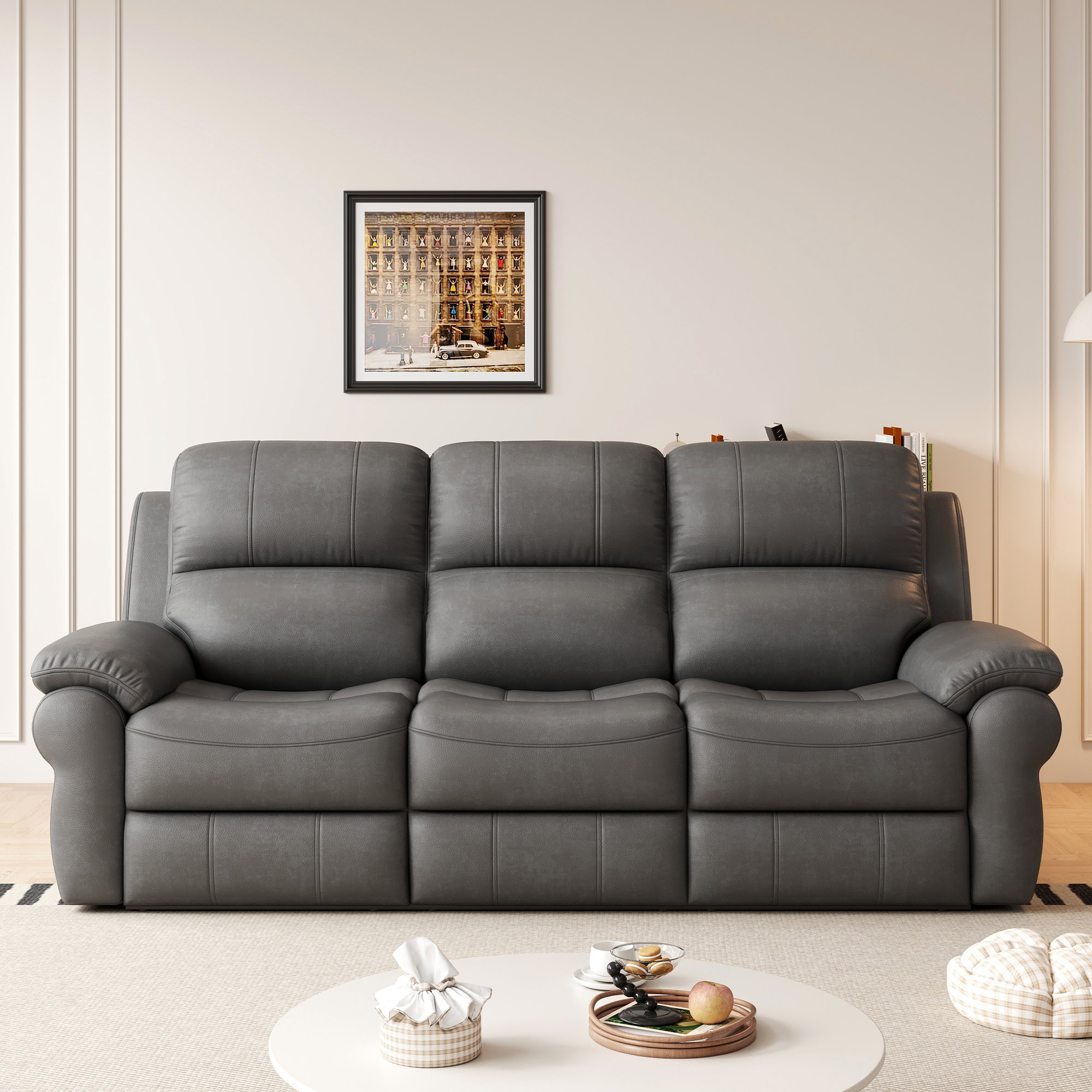 Breathable Fabric Power Reclining Sofa with Drop Down Table,USB Button and Wireless Charger - Gray