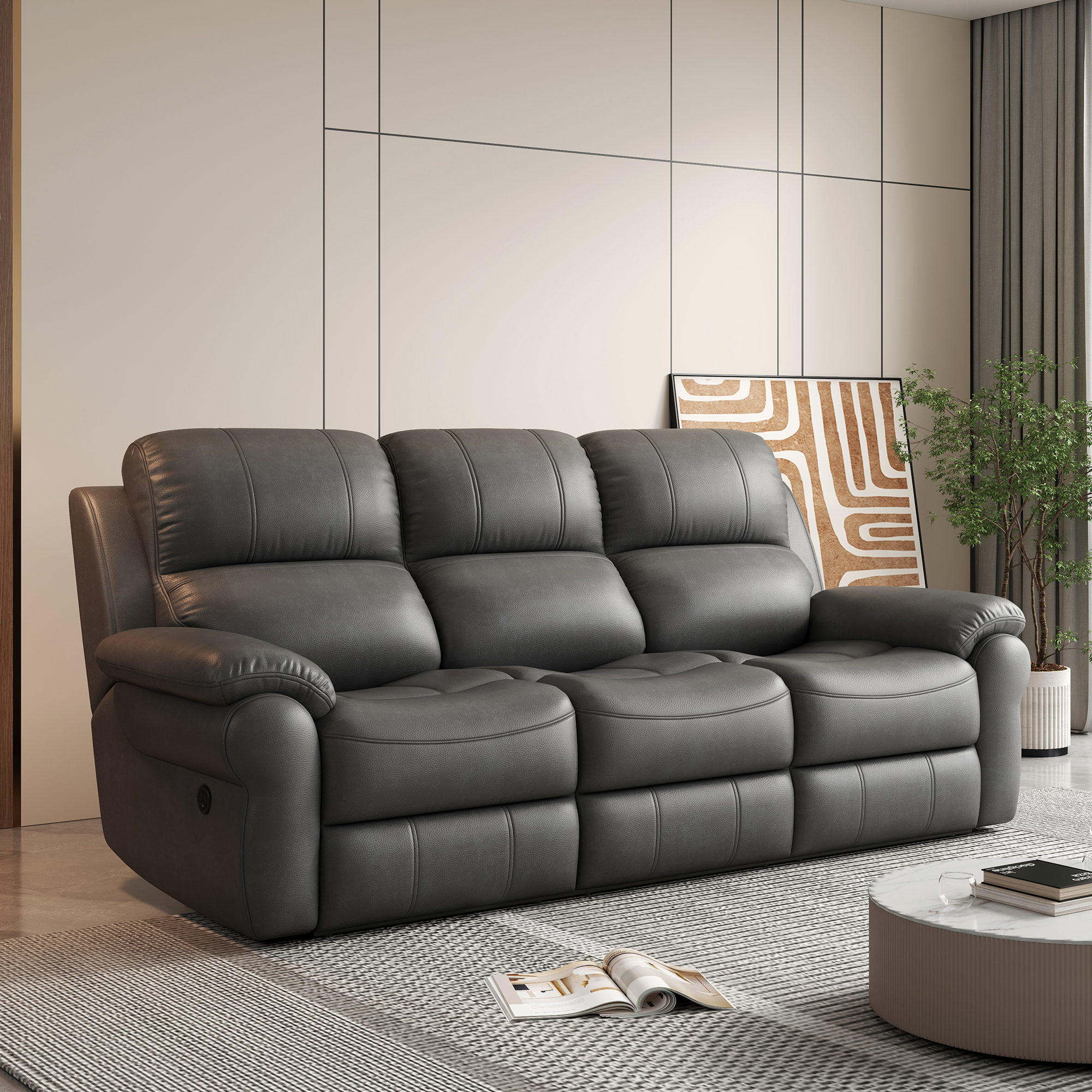 Breathable Fabric Power Reclining Sofa with Drop Down Table,USB Button and Wireless Charger - Gray