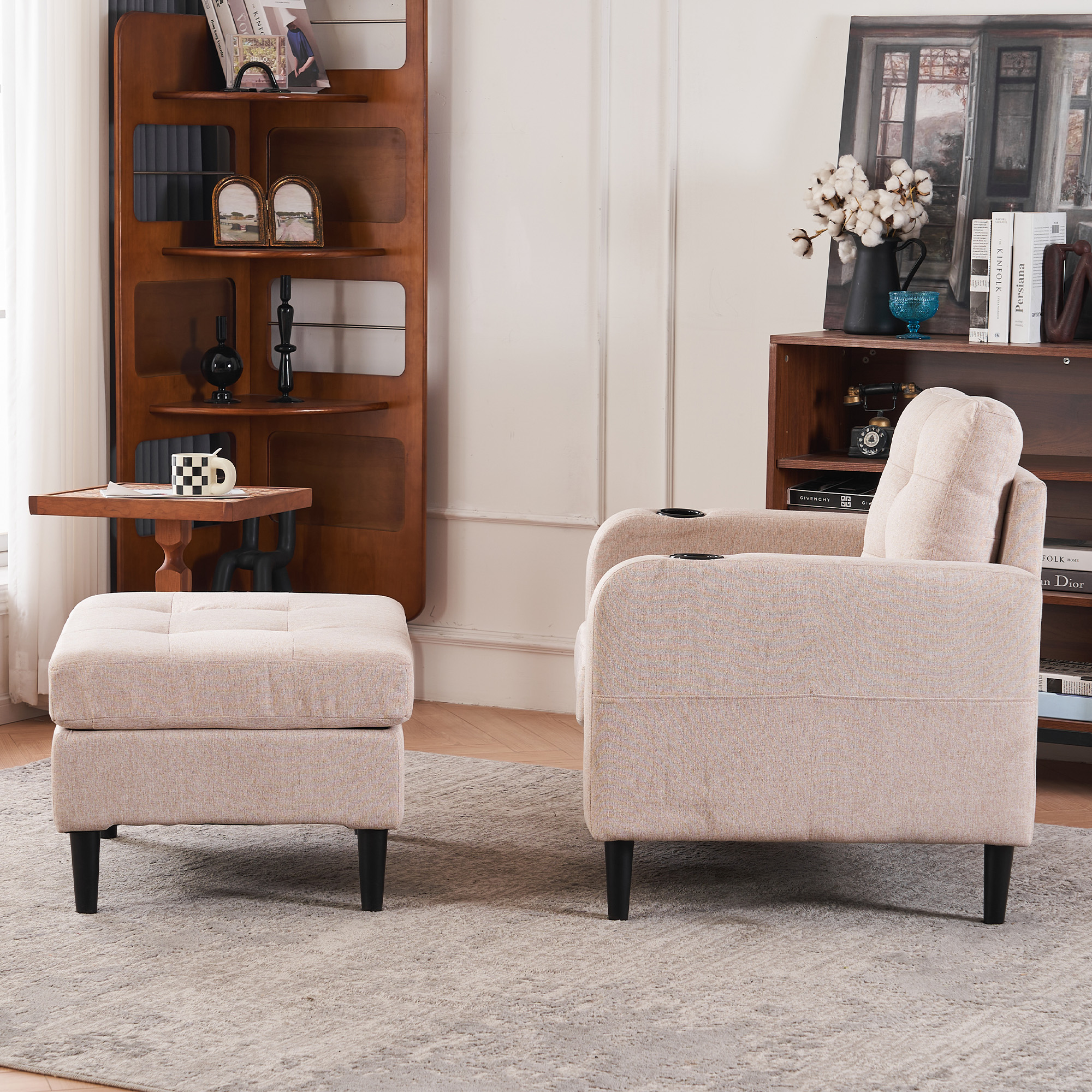 Beige Upholstered Armchair and Storage Ottoman Set - Comfortable Single Sofa with Cup Holders and Tufted Detailing, Ideal for Living Room or Bedroom