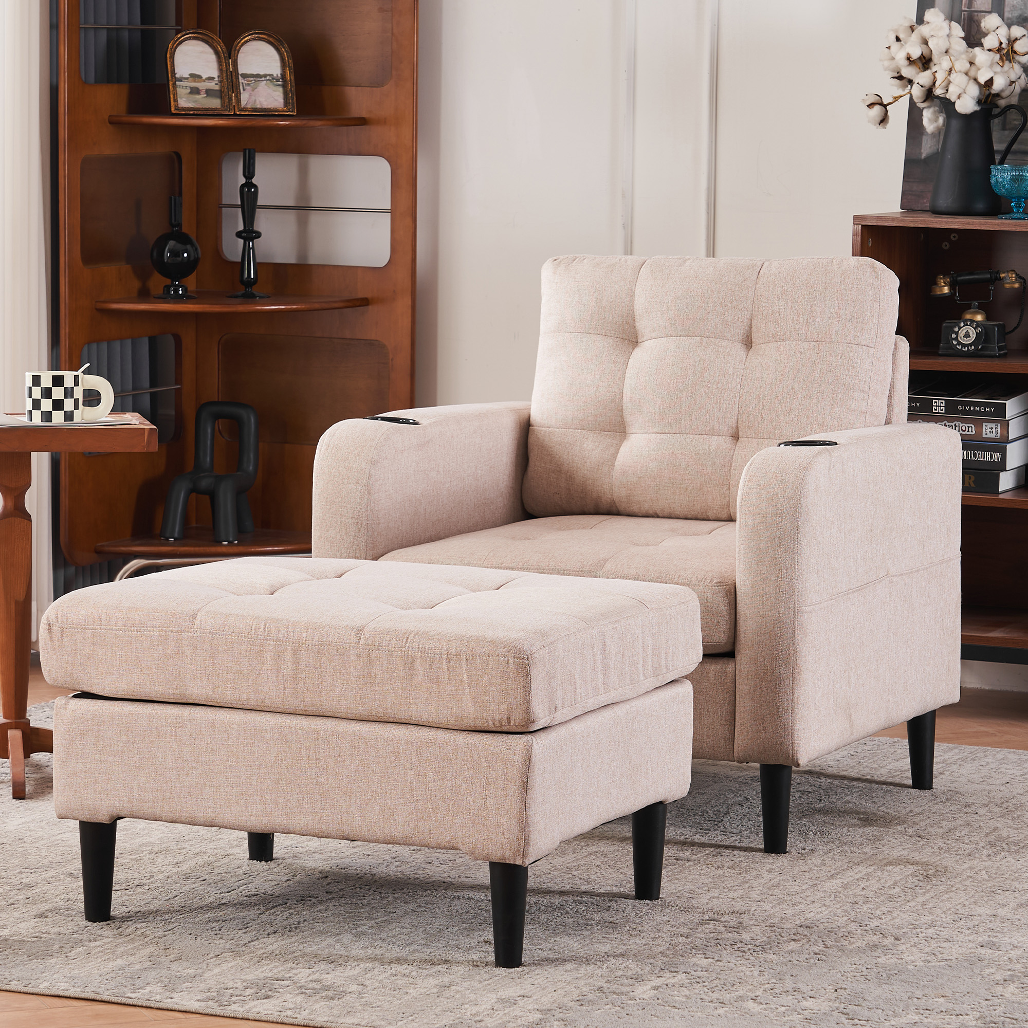 Beige Upholstered Armchair and Storage Ottoman Set - Comfortable Single Sofa with Cup Holders and Tufted Detailing, Ideal for Living Room or Bedroom