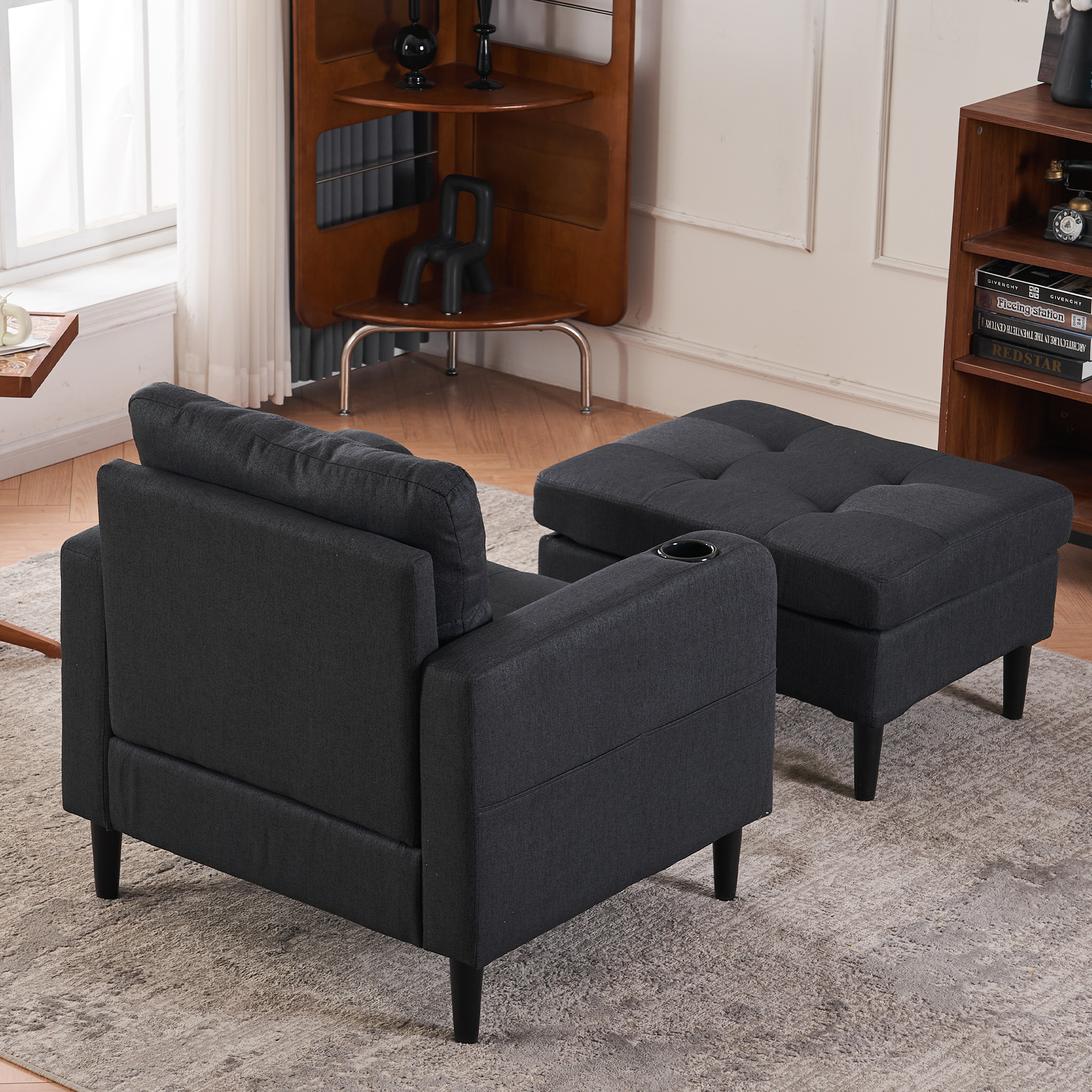 Dark Gray Upholstered Armchair and Storage Ottoman Set - Comfortable Single Sofa with Cup Holders and Tufted Detailing, Ideal for Living Room or Bedroom