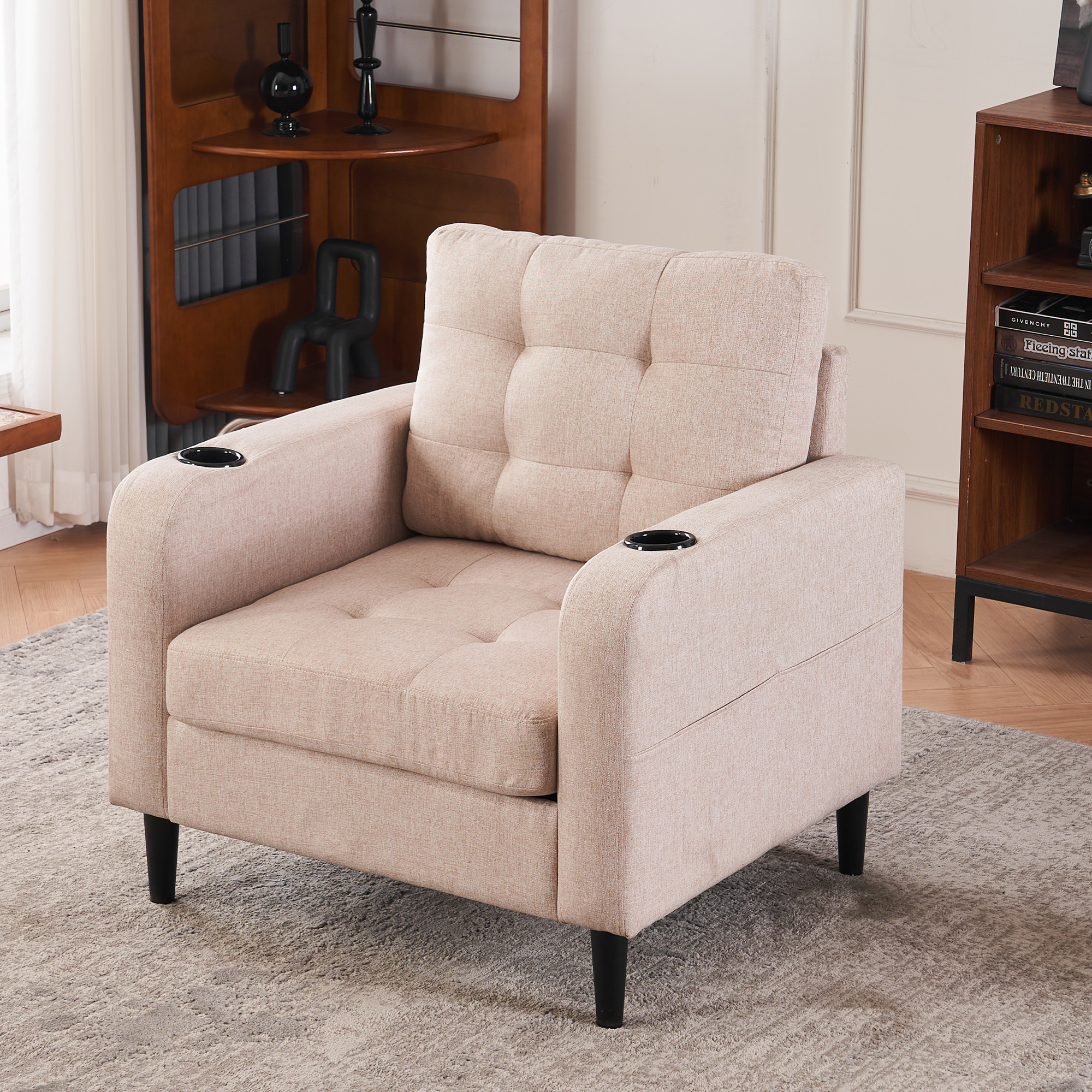 Beige Upholstered Armchair and Storage Ottoman Set - Comfortable Single Sofa with Cup Holders and Tufted Detailing, Ideal for Living Room or Bedroom