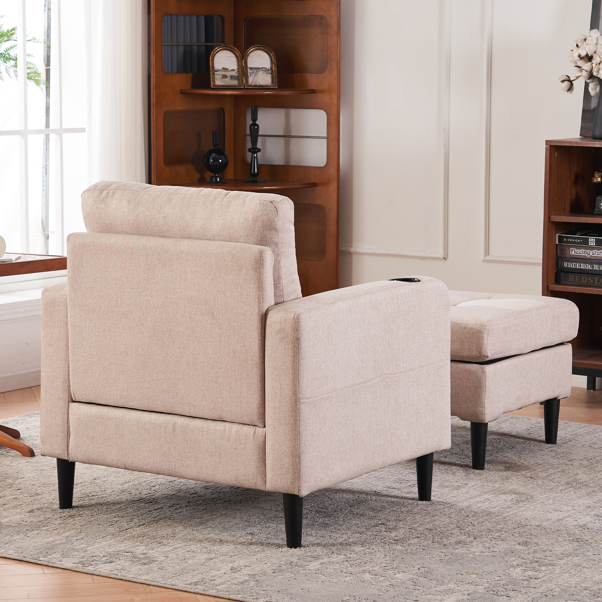 Beige Upholstered Armchair and Storage Ottoman Set - Comfortable Single Sofa with Cup Holders and Tufted Detailing, Ideal for Living Room or Bedroom