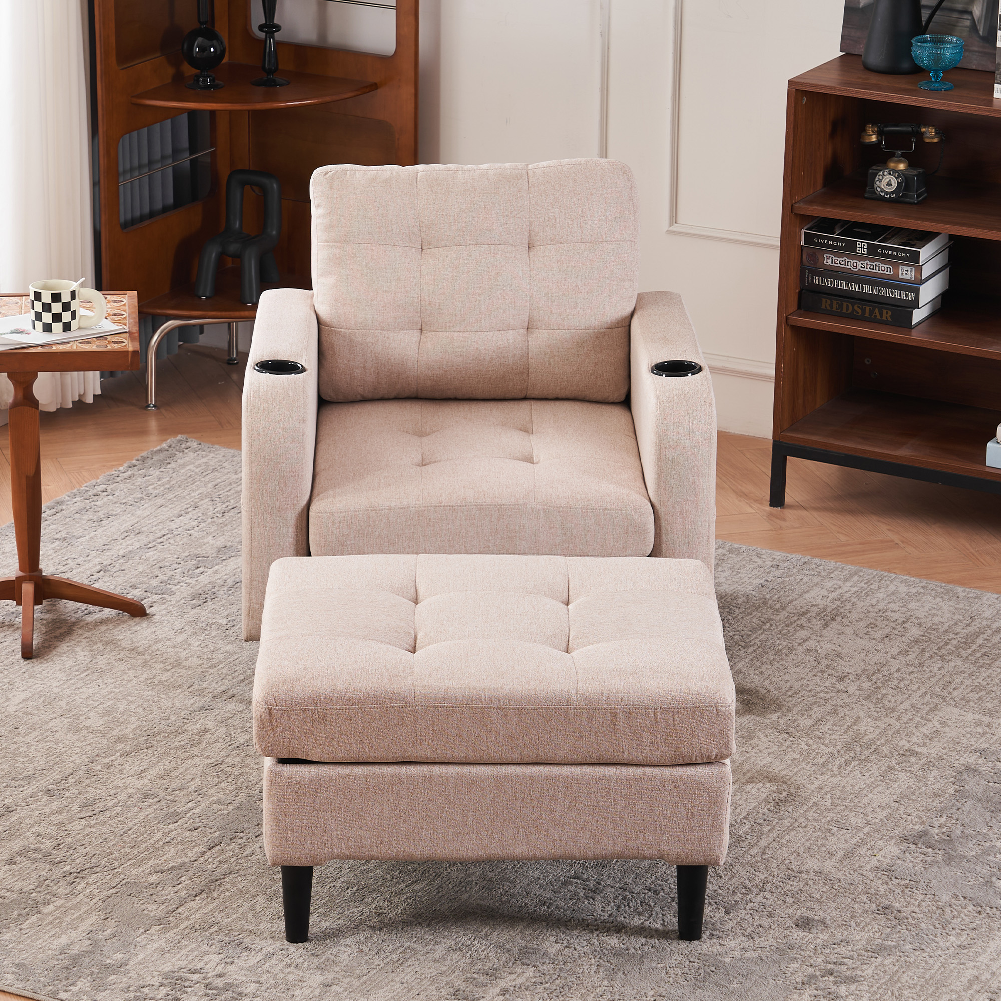 Beige Upholstered Armchair and Storage Ottoman Set - Comfortable Single Sofa with Cup Holders and Tufted Detailing, Ideal for Living Room or Bedroom