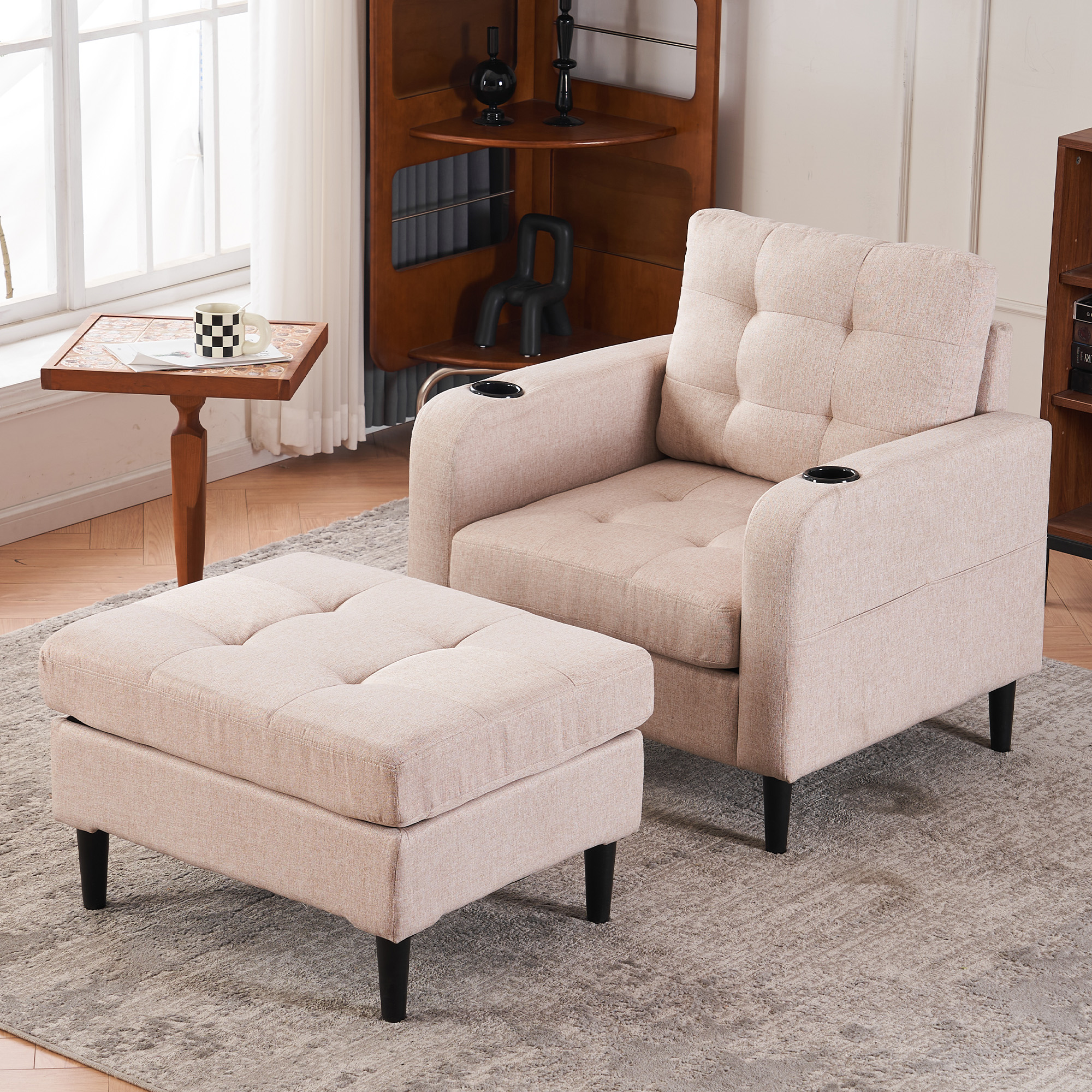 Beige Upholstered Armchair and Storage Ottoman Set - Comfortable Single Sofa with Cup Holders and Tufted Detailing, Ideal for Living Room or Bedroom