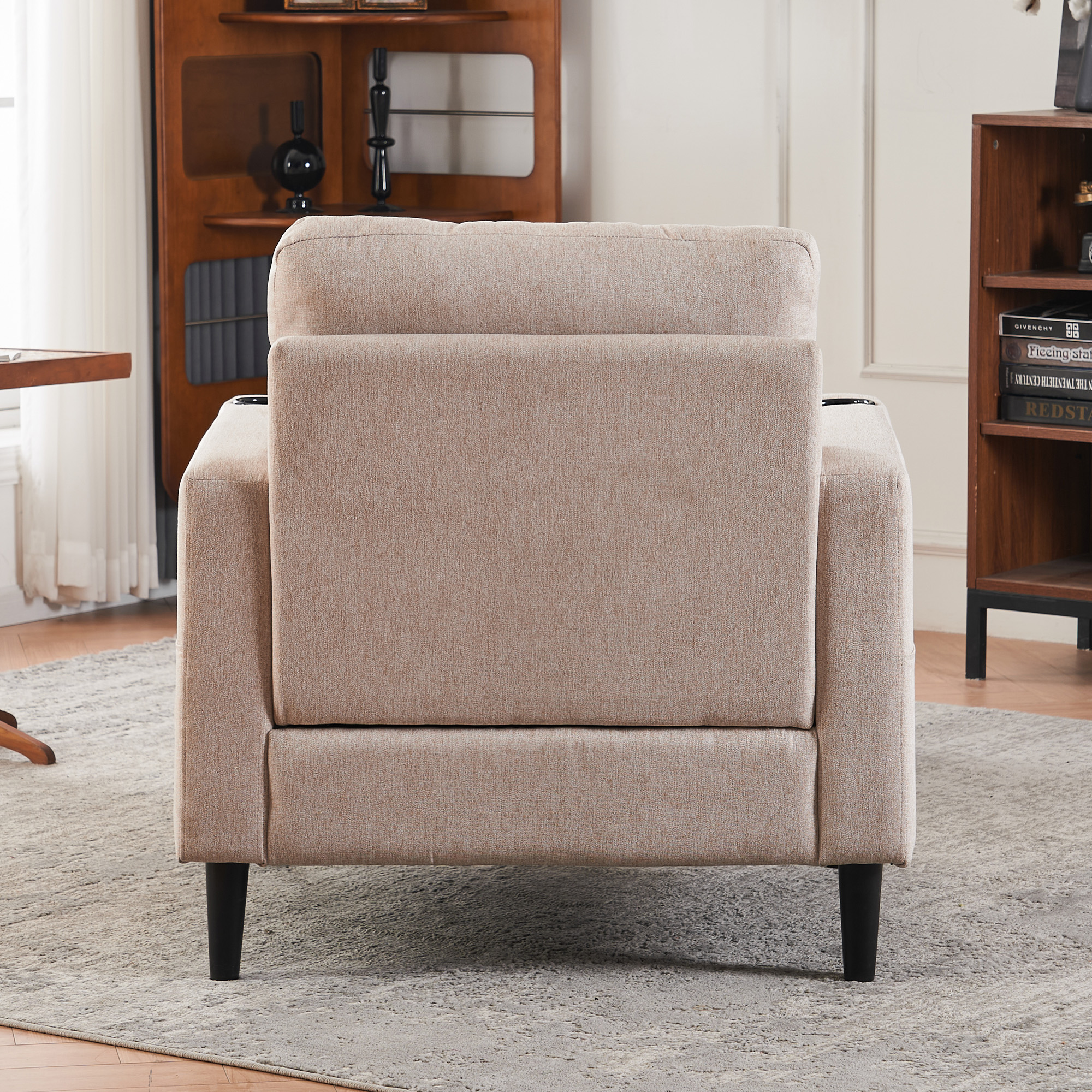 Beige Upholstered Armchair and Storage Ottoman Set - Comfortable Single Sofa with Cup Holders and Tufted Detailing, Ideal for Living Room or Bedroom