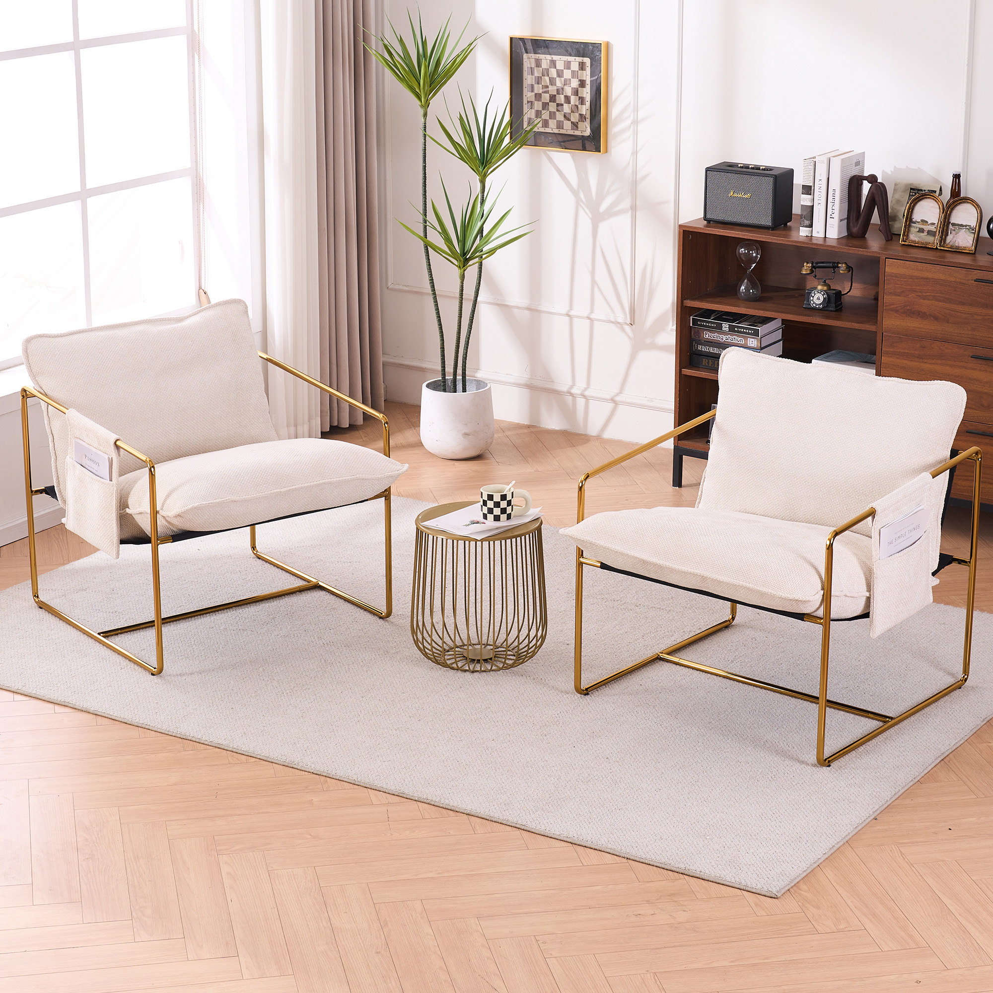 2 Sets 1 Case, Upholstered Hanging Armchair with Arm PocketsMetal frame, gold-plated craftsmanship, crushed foam cushions and skin-friendly woven fabric for living room and bedroom. Beige