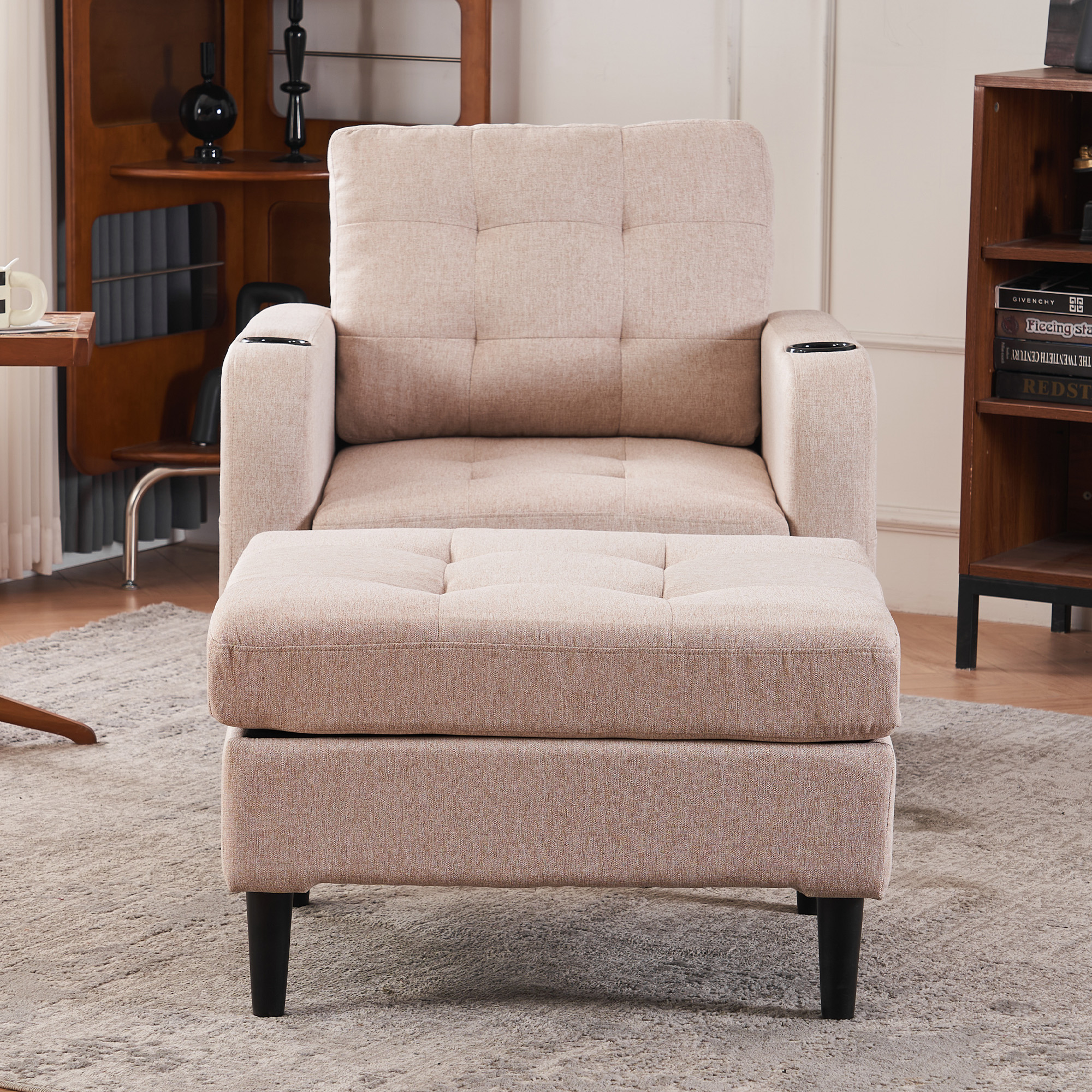 Beige Upholstered Armchair and Storage Ottoman Set - Comfortable Single Sofa with Cup Holders and Tufted Detailing, Ideal for Living Room or Bedroom