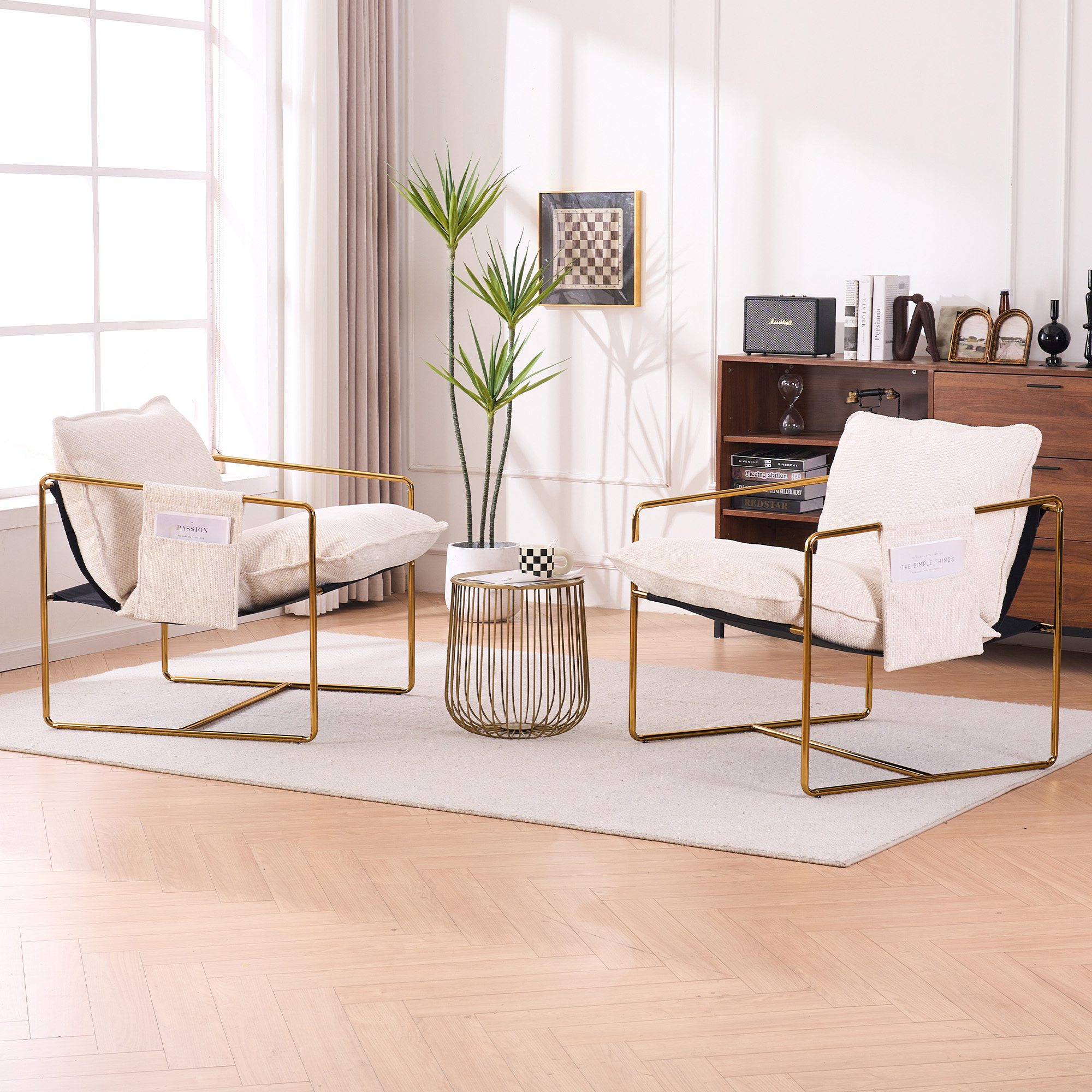 2 Sets 1 Case, Upholstered Hanging Armchair with Arm PocketsMetal frame, gold-plated craftsmanship, crushed foam cushions and skin-friendly woven fabric for living room and bedroom. Beige