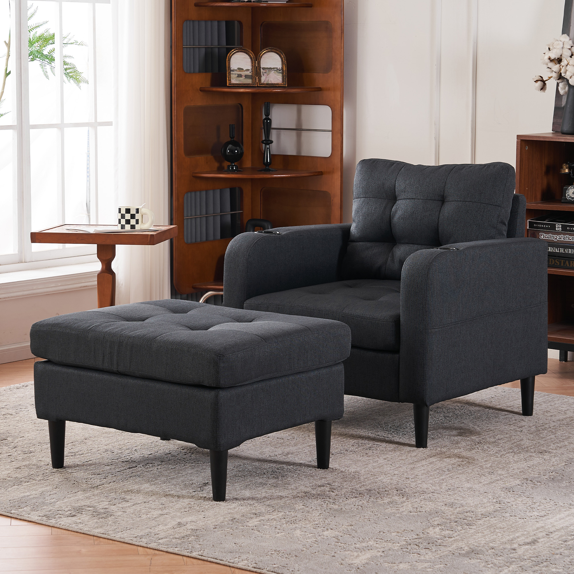 Dark Gray Upholstered Armchair and Storage Ottoman Set - Comfortable Single Sofa with Cup Holders and Tufted Detailing, Ideal for Living Room or Bedroom