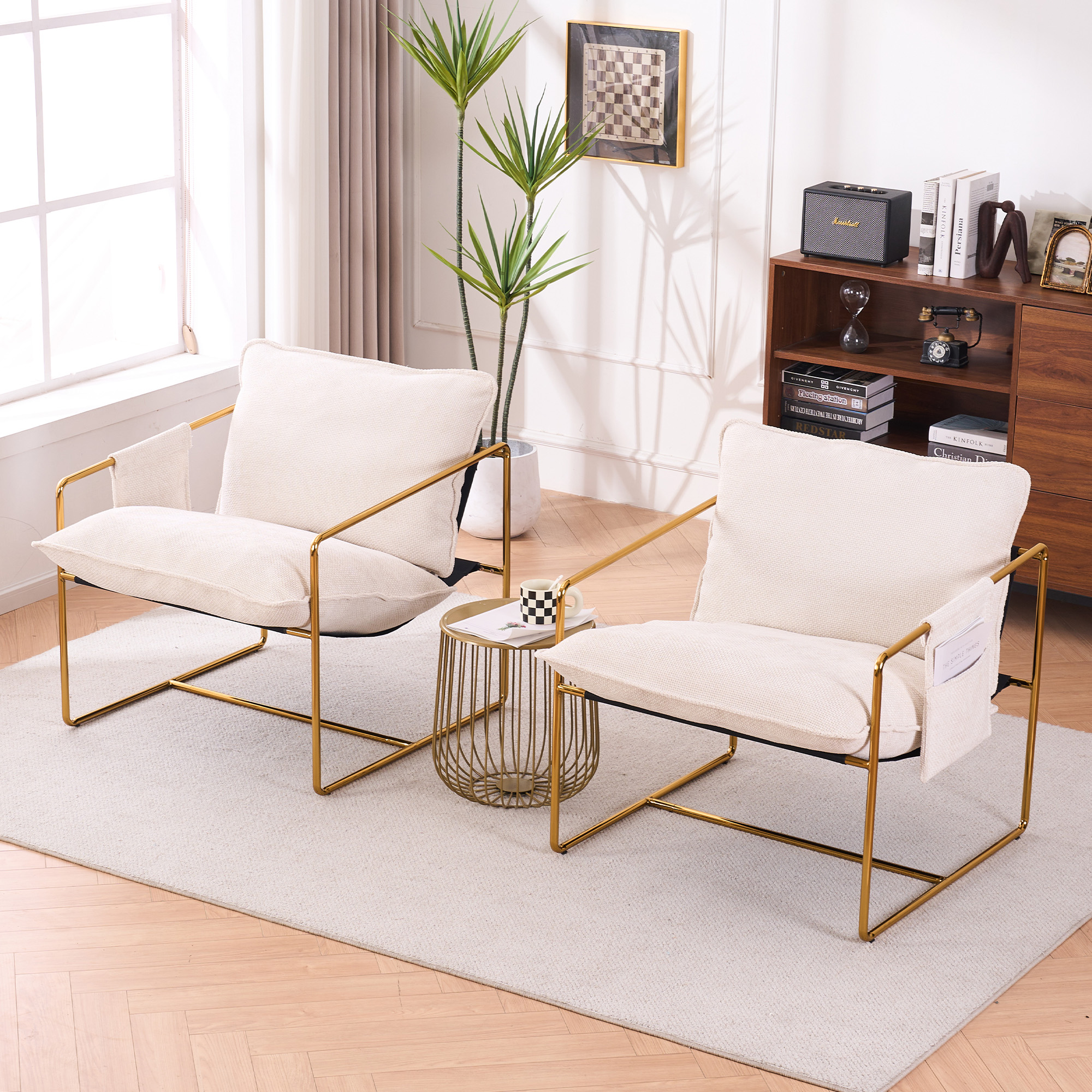 2 Sets 1 Case, Upholstered Hanging Armchair with Arm PocketsMetal frame, gold-plated craftsmanship, crushed foam cushions and skin-friendly woven fabric for living room and bedroom. Beige