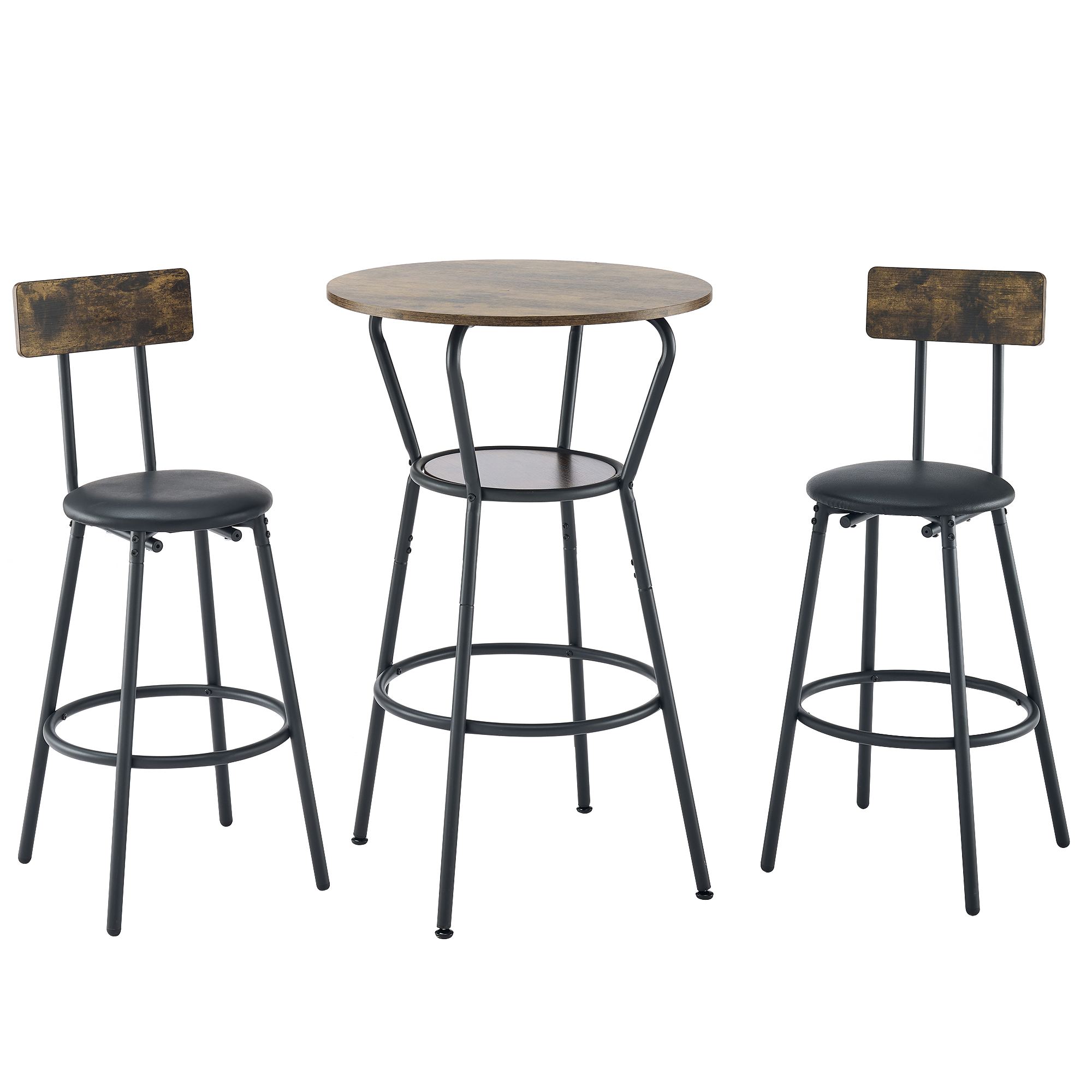 Round bar table and stool set with shelf, upholstered stool with backrest, Rustic Brown, 24.17"W x 24.17"D x 36.02"H