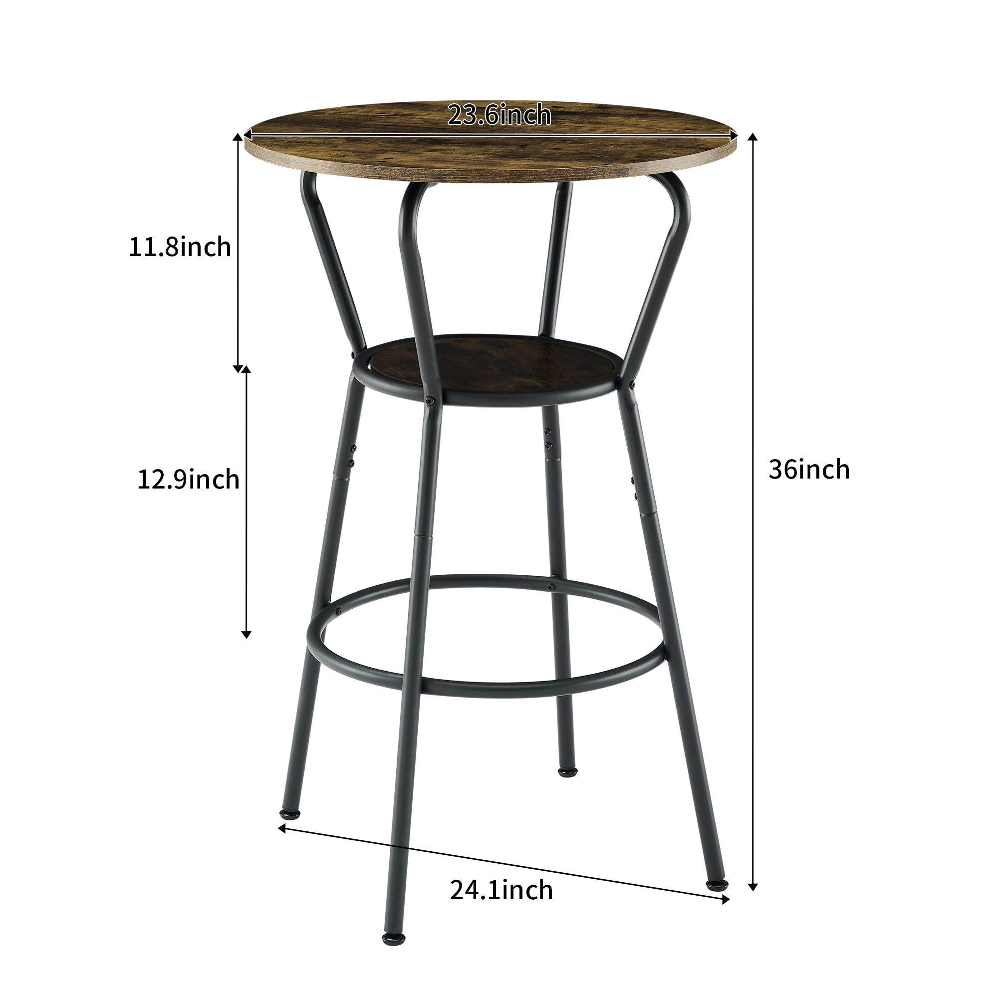 Round bar table and stool set with shelf, upholstered stool with backrest, Rustic Brown, 24.17"W x 24.17"D x 36.02"H