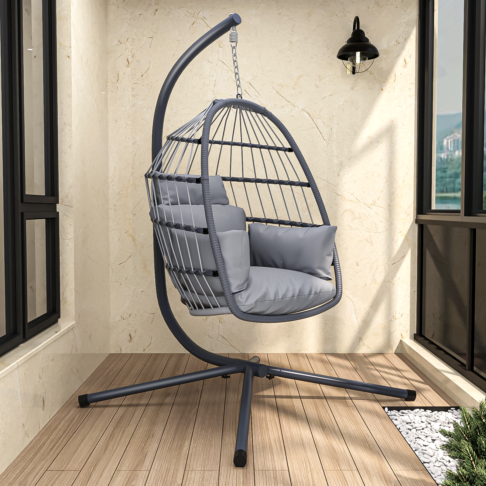 Patio Foldable Hanging Swing Chair with Stand Gray Color