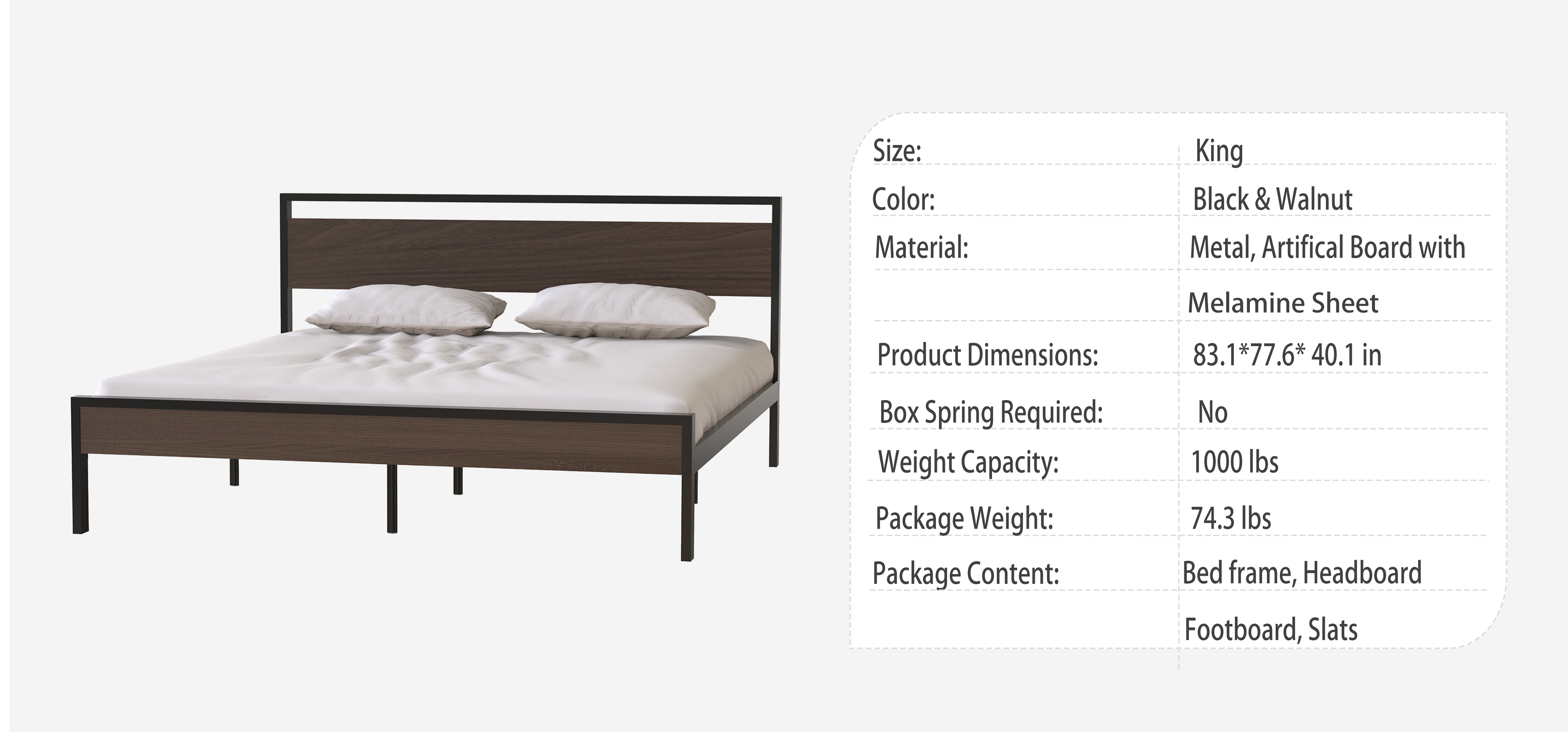 Ceres Metal Bed, Black with Walnut wood Headboard&Footboard, King