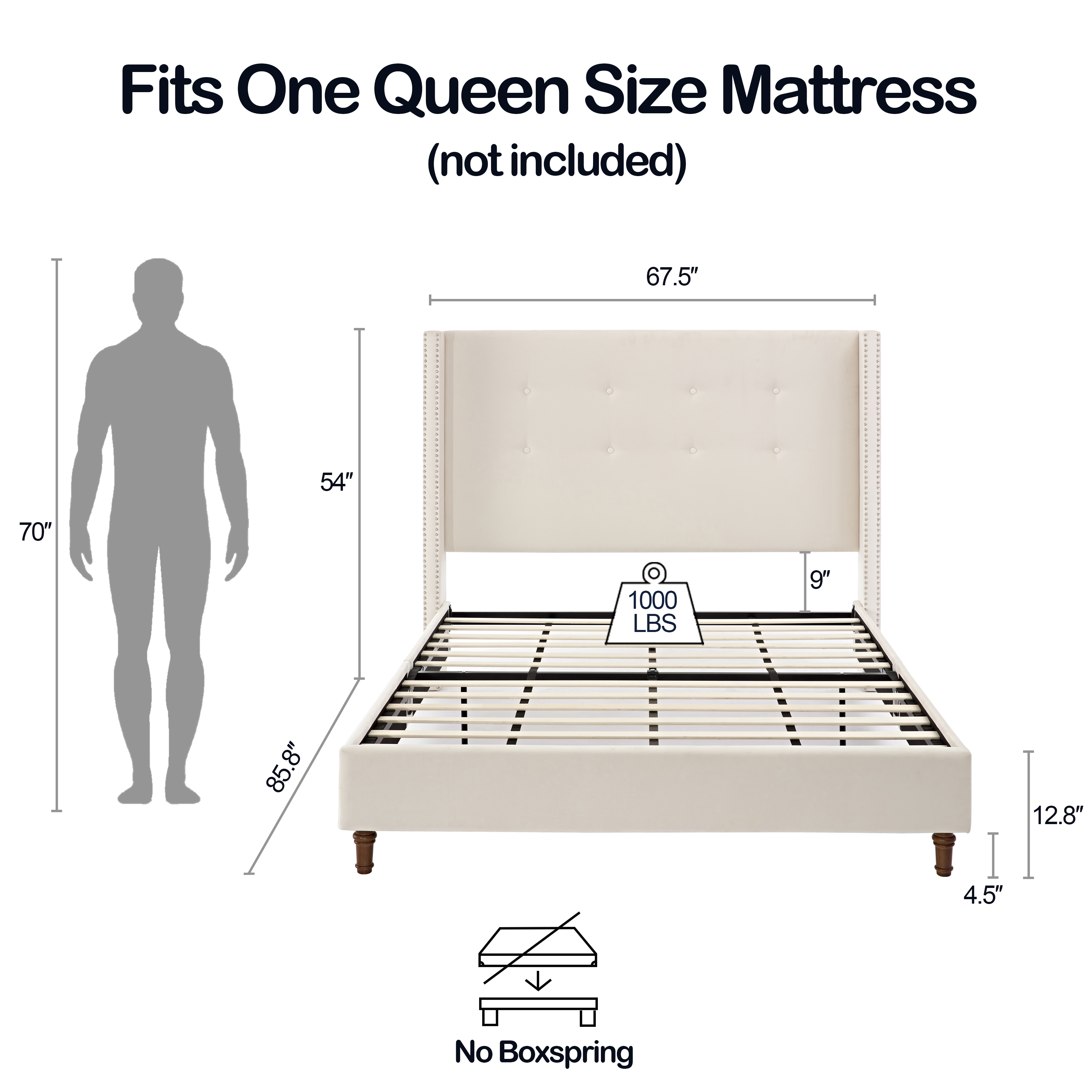 Peyton Upholstered Queen Bed / 54" High Headboard / Traditional Hand Buttoned Tufting / Nailhead Trim Wingback / No Box Spring Needed / Easy Assembly / Ivory Velvet