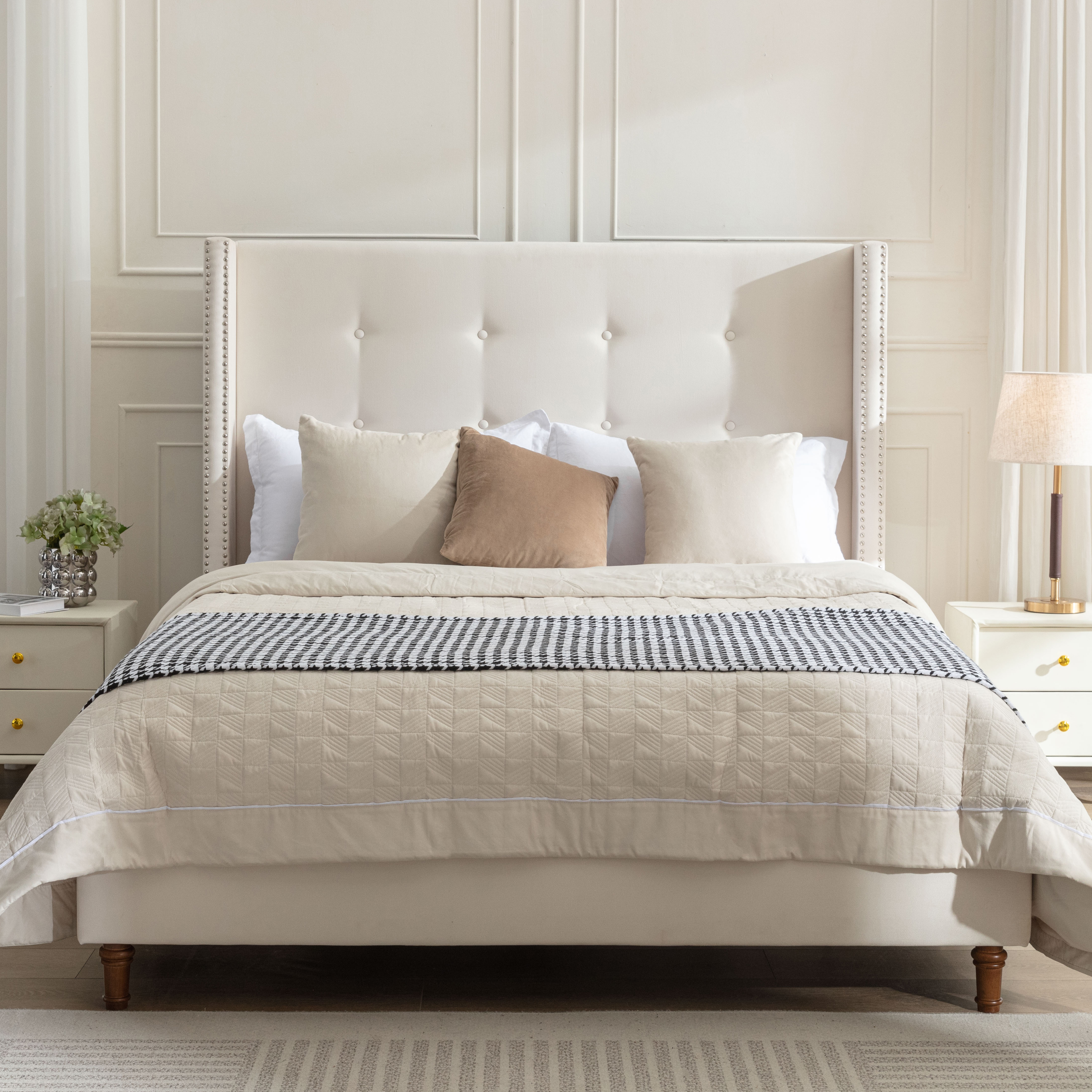 Peyton Upholstered Queen Bed / 54" High Headboard / Traditional Hand Buttoned Tufting / Nailhead Trim Wingback / No Box Spring Needed / Easy Assembly / Ivory Velvet