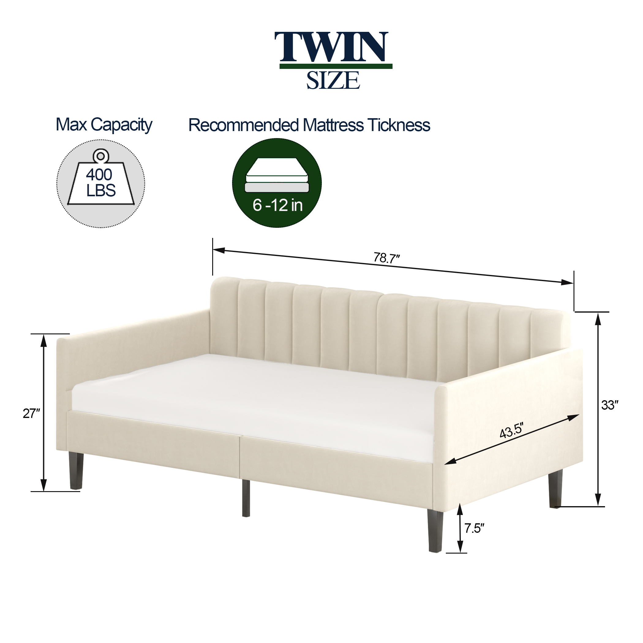 Same as B083121461 Elena Twin Size Beige Velvet Upholstered Daybed, Ribbed Tufted Backrest, Daybed in Lavish Modern Design, Richly Hued Foam Comfort