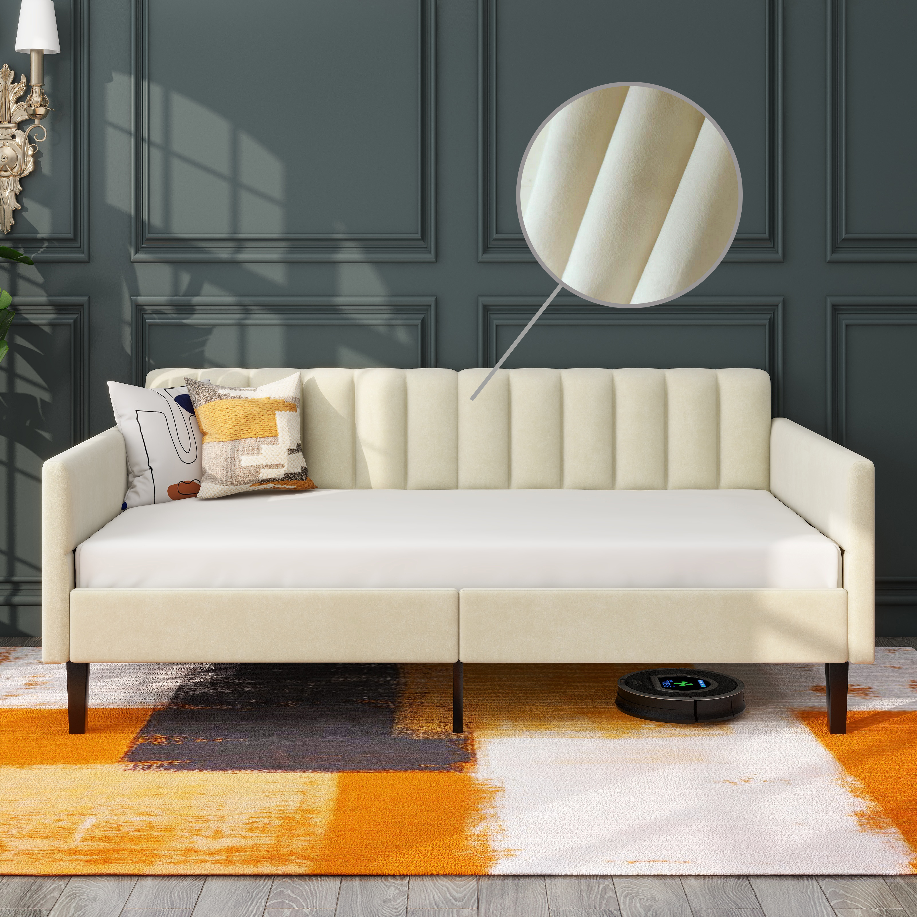 Same as B083121461 Elena Twin Size Beige Velvet Upholstered Daybed, Ribbed Tufted Backrest, Daybed in Lavish Modern Design, Richly Hued Foam Comfort