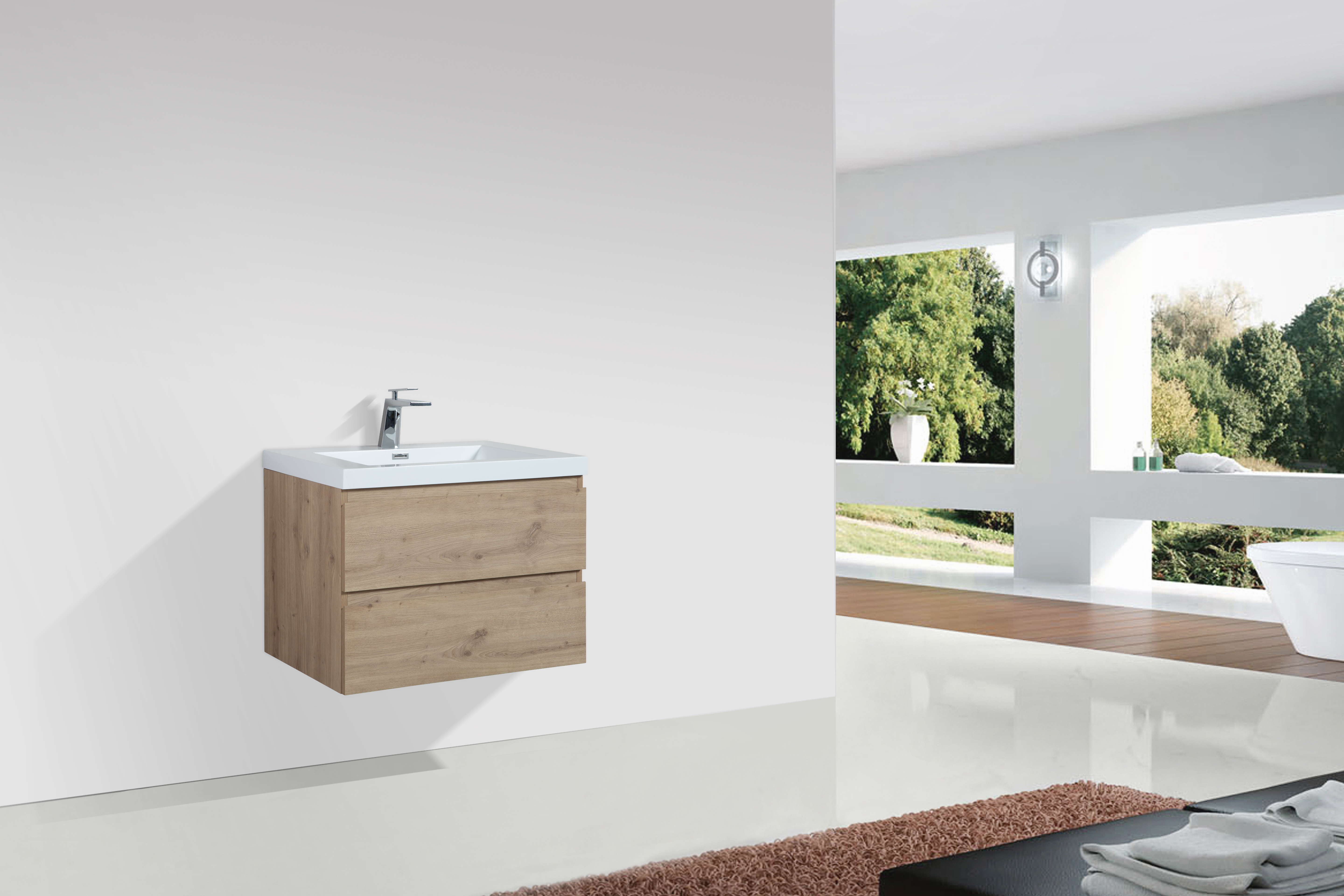 36'' Vanity Base Only, Wall Mounted Bathroom Vanity Only in Natural Wood, No Countertop Included