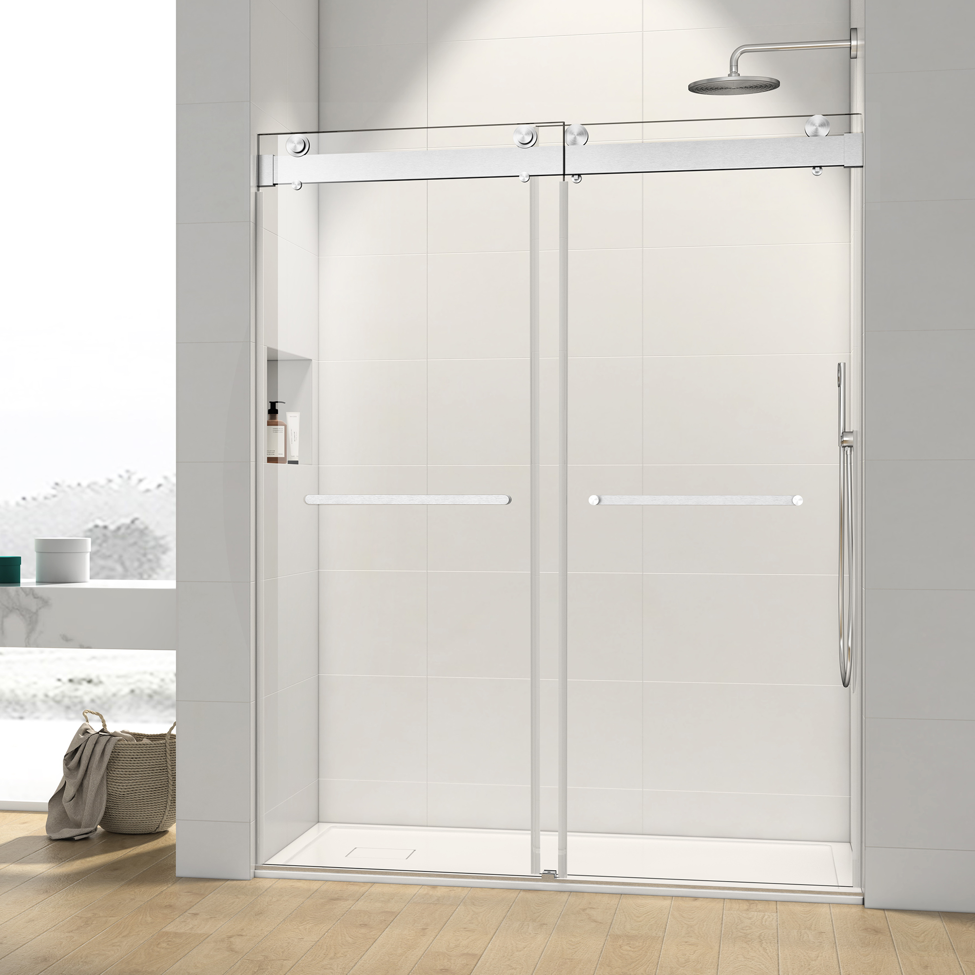 43-48 in. W x 76 in. H Sliding Frameless Soft-Close Shower Door with Premium 3/8 Inch (10mm) Thick Tampered Glass in Brushed Nickel 23D02-48BN