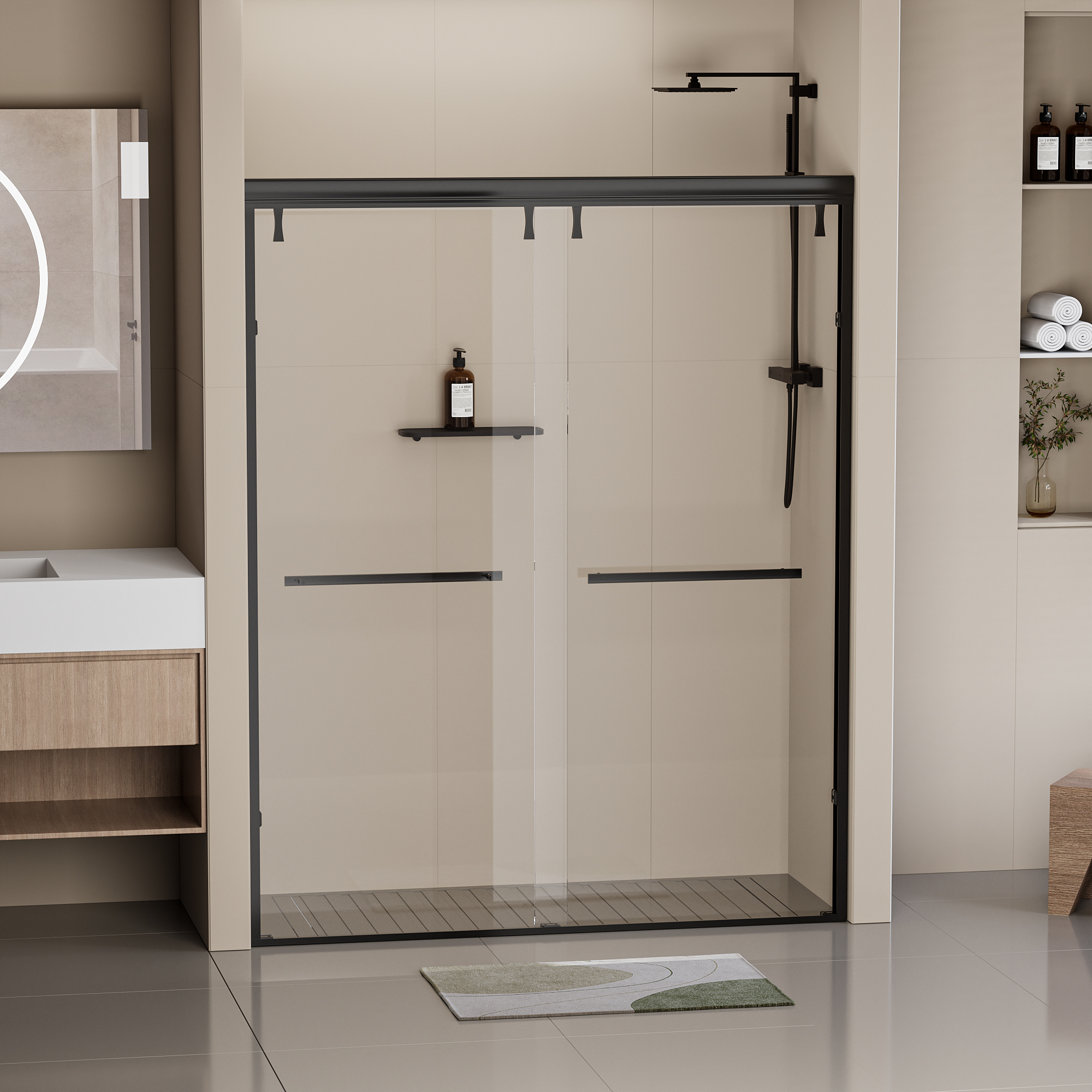 44-48 in. W x 76 in. H Semi-Frameless Shower Door, Double Sliding Shower Door, 5/16" (8mm) Clear Tempered Glass Shower Door with Explosion-Proof Film, Matte Black 24D212-48MB