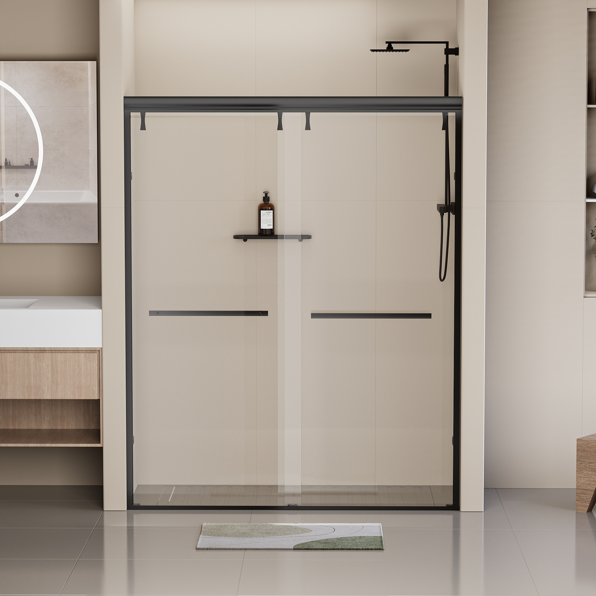 44-48 in. W x 76 in. H Semi-Frameless Shower Door, Double Sliding Shower Door, 5/16" (8mm) Clear Tempered Glass Shower Door with Explosion-Proof Film, Matte Black 24D212-48MB