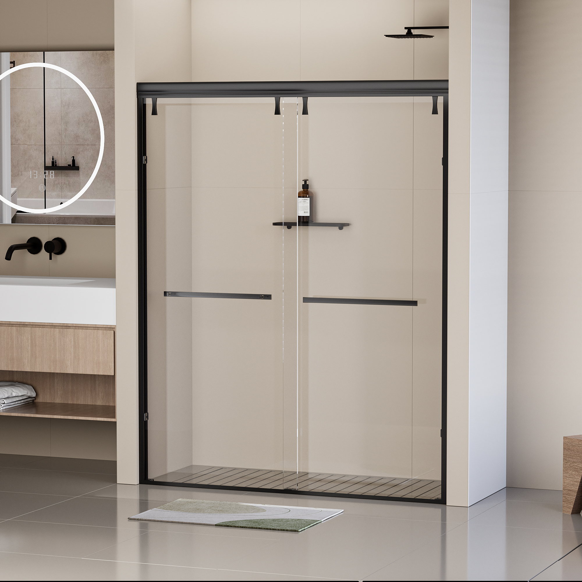 44-48 in. W x 76 in. H Semi-Frameless Shower Door, Double Sliding Shower Door, 5/16" (8mm) Clear Tempered Glass Shower Door with Explosion-Proof Film, Matte Black 24D212-48MB