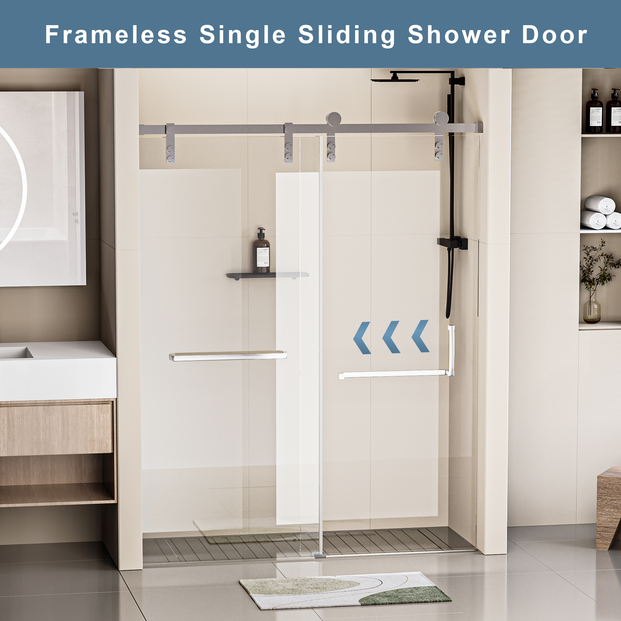 48 in. W x 76 in. H Frameless Soft-closing Shower Door, Single Sliding Shower Door, 5/16" (8mm) Clear Tempered Glass Shower Door with Explosion-Proof Film, Stainless Steel Hardware, Chrome 24D211-48C