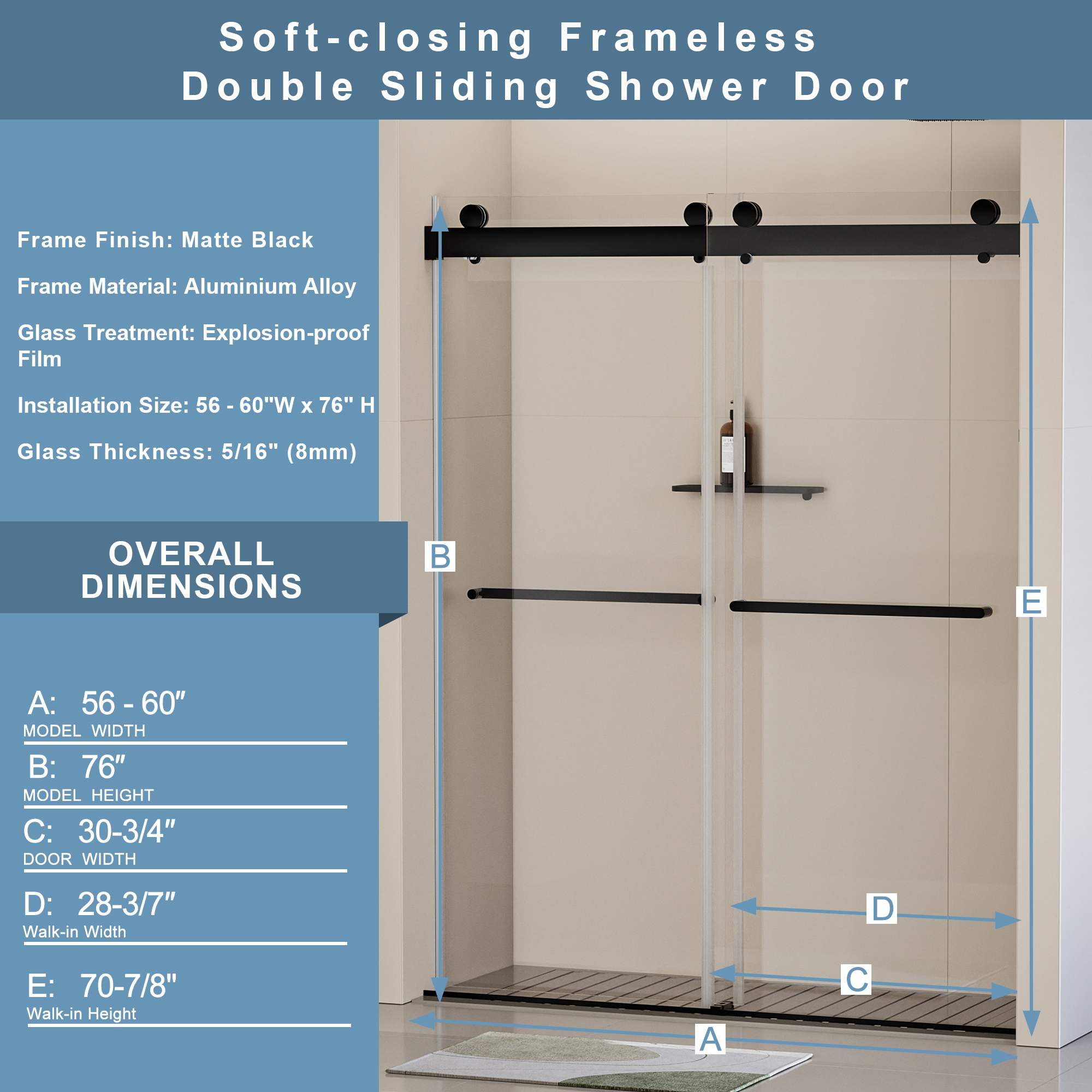 56-60 in. W x 76 in. H Frameless Soft-closing Shower Door, Double Sliding Shower Door, 5/16" (8mm) Clear Tempered Glass Shower Door with Explosion-Proof Film, Matte Black 24D213-60MB