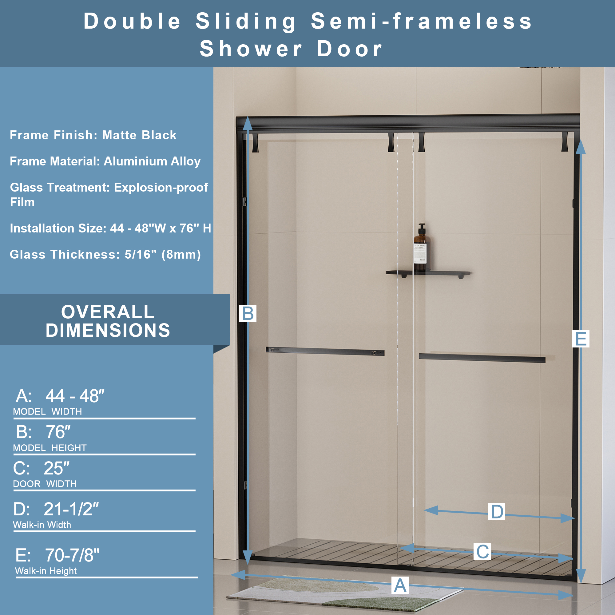 44-48 in. W x 76 in. H Semi-Frameless Shower Door, Double Sliding Shower Door, 5/16" (8mm) Clear Tempered Glass Shower Door with Explosion-Proof Film, Matte Black 24D212-48MB