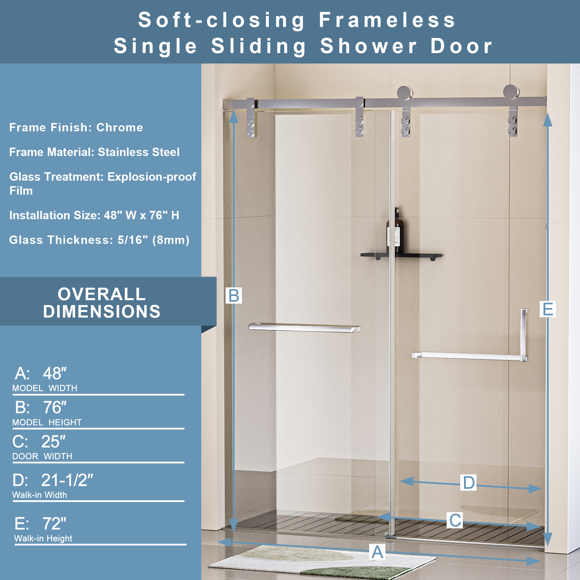 48 in. W x 76 in. H Frameless Soft-closing Shower Door, Single Sliding Shower Door, 5/16" (8mm) Clear Tempered Glass Shower Door with Explosion-Proof Film, Stainless Steel Hardware, Chrome 24D211-48C