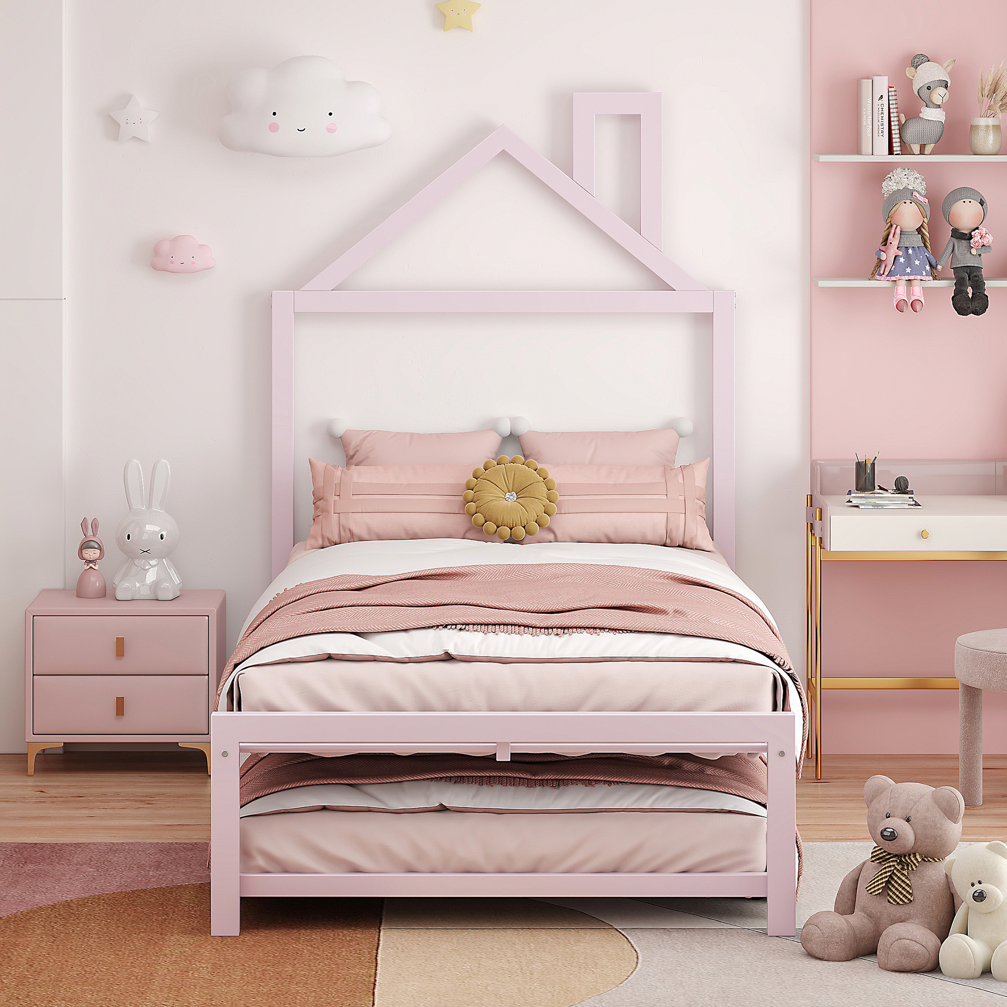 Twin Size Metal Platform Bed with twin size trundle,House-Shaped Headboard Design, Pink