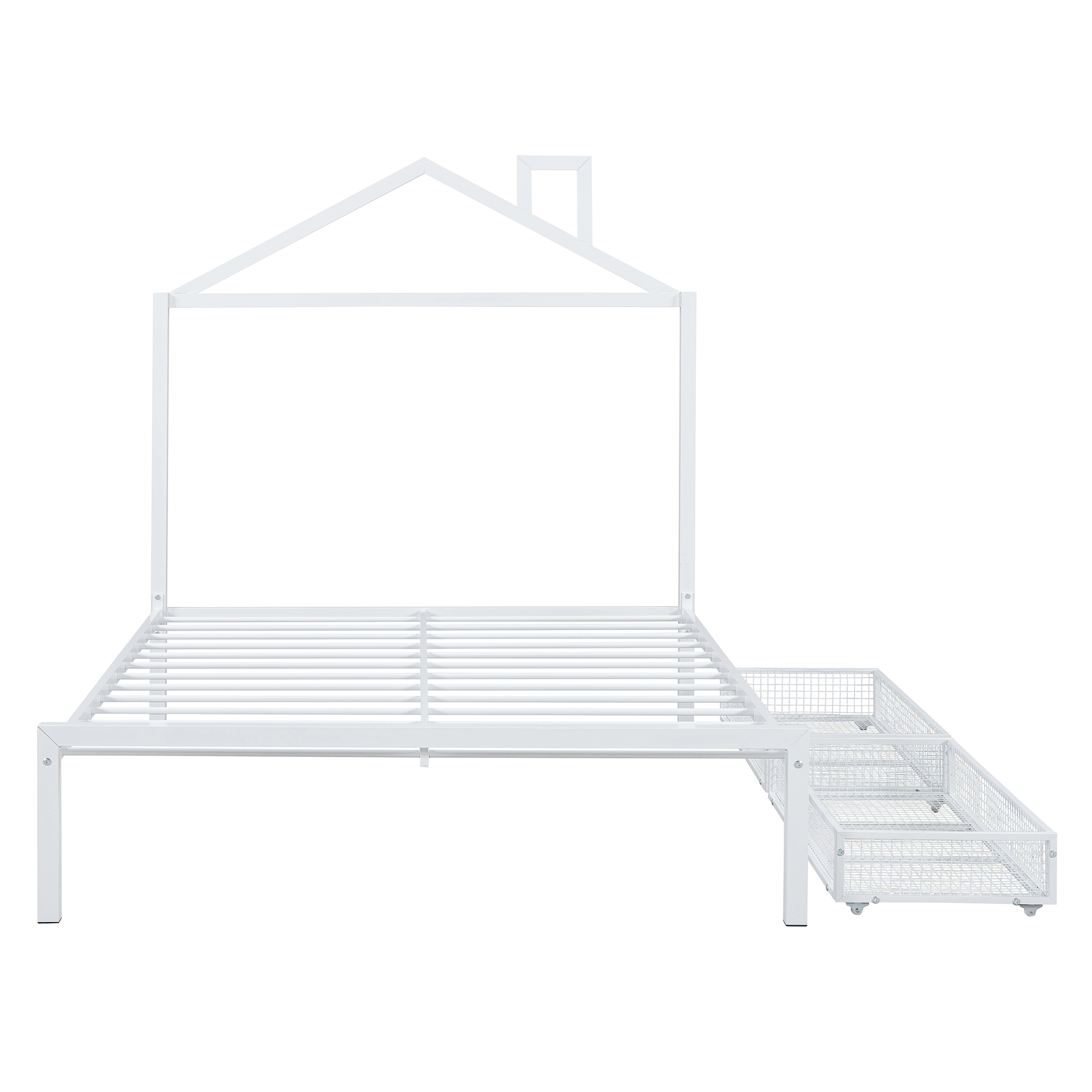 Full Size Metal Platform Bed with two drawers,House-Shaped Headboard Design, White