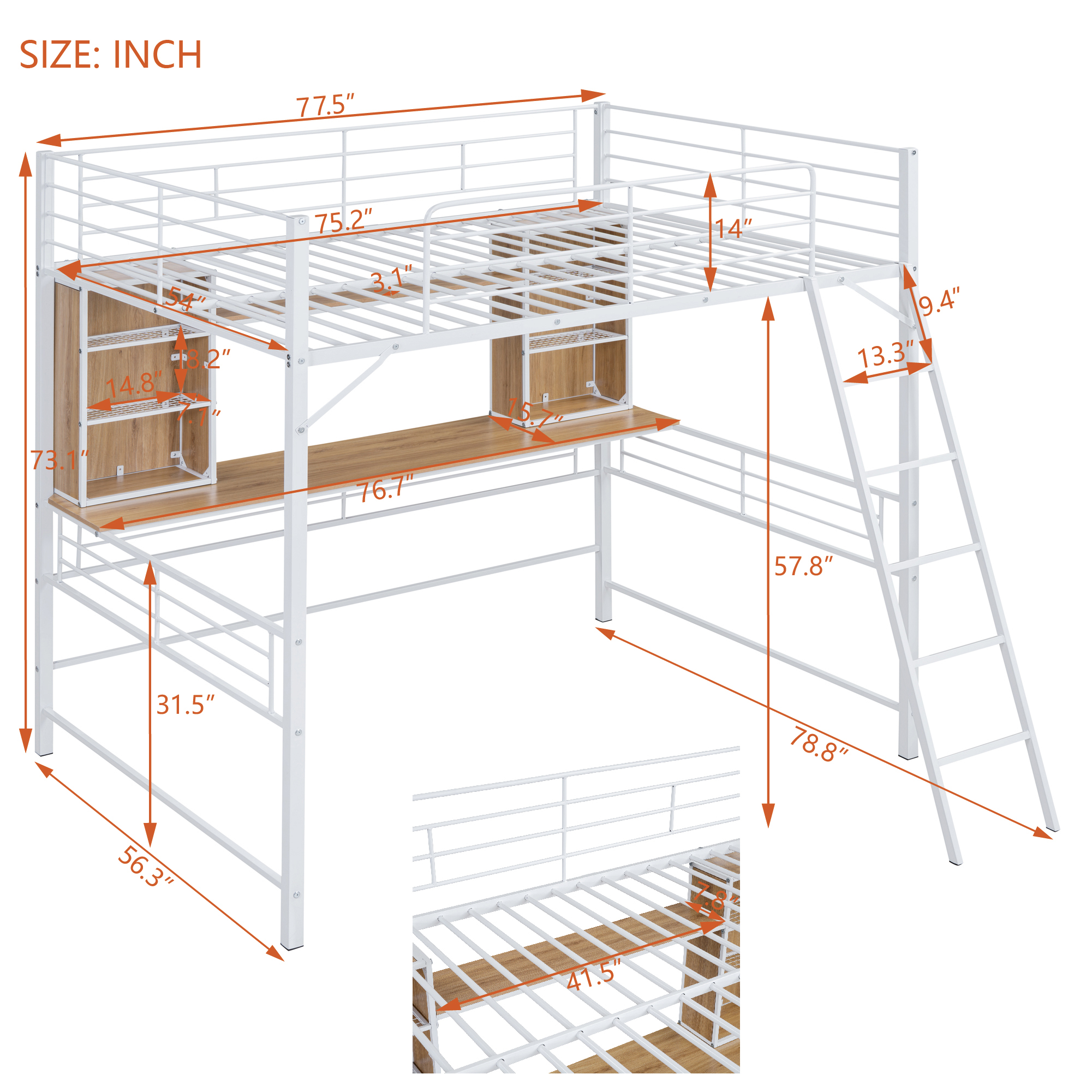 Full Size Loft Bed with Desk and Shelf, Loft Bed with Ladder,Full,White